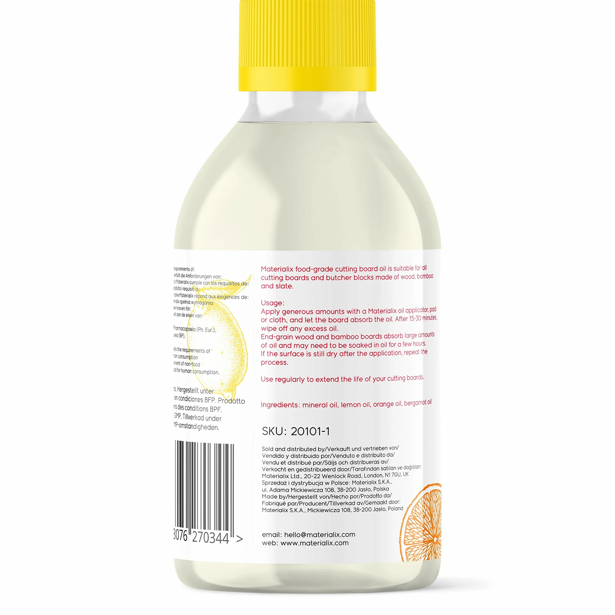 Materialix Olej do desek do krojenia - cytrynowy, pomarańczowy i begamotka, 250 ml (butelka)
