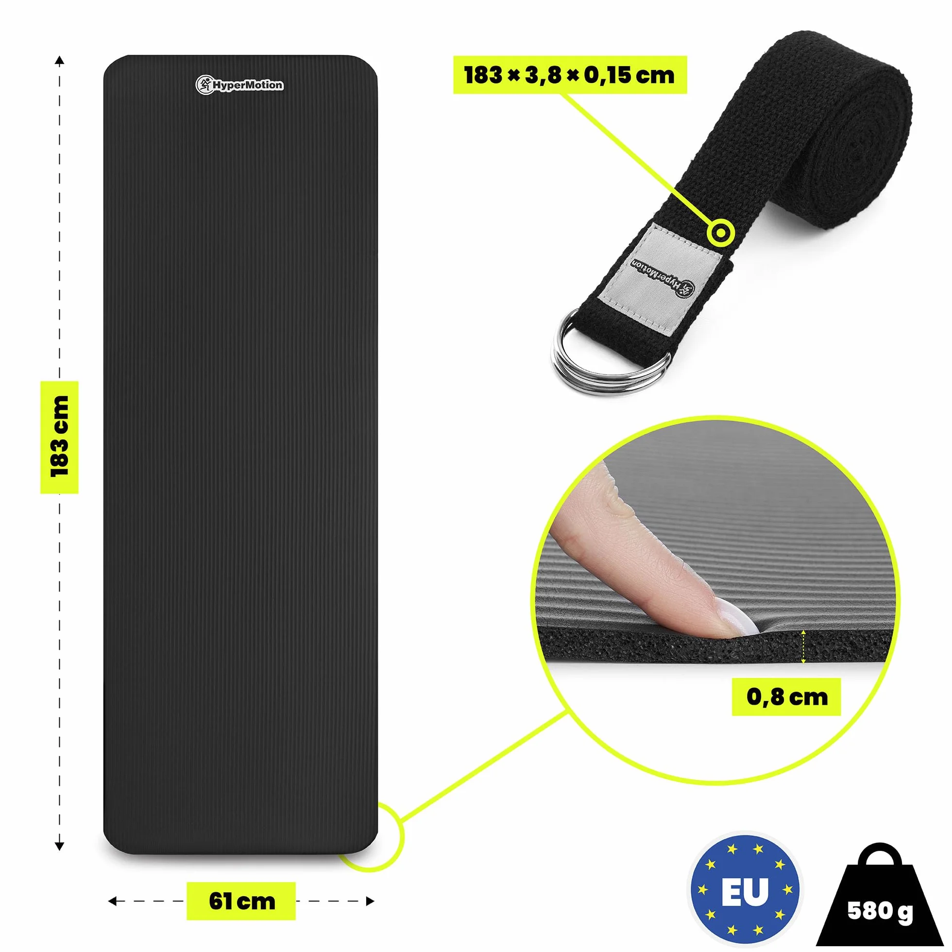 HyperMotion Mata do Ćwiczeń Fitness i Jogi NBR 183x61x0,8 cm Czarna, Antypoślizgowa, 8 mm, z Paskiem do Ćwiczeń i Przenoszenia, do Jogi, Pilatesu i Stretchingu