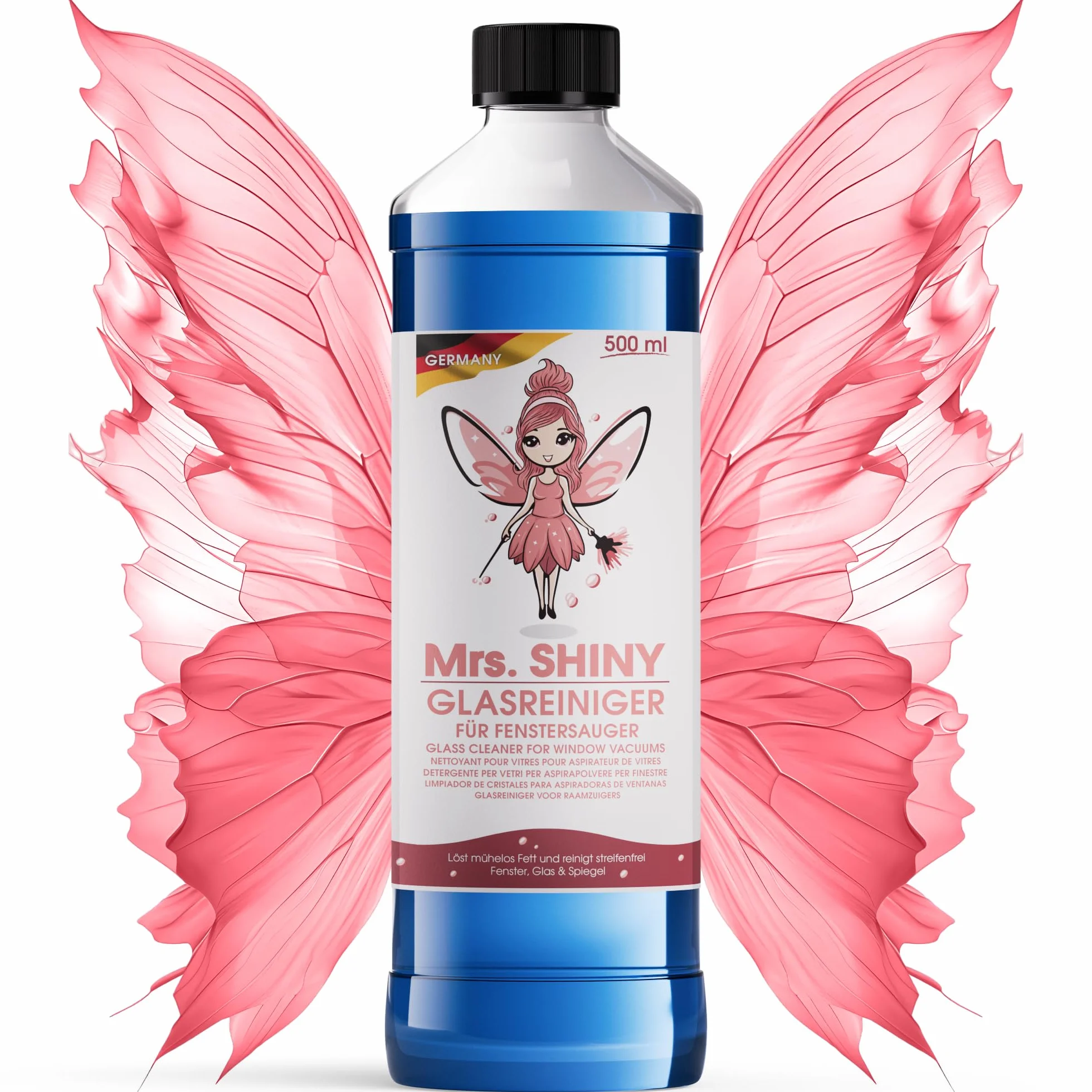 MRS. SHINY Środek do czyszczenia szyb do mycia okien [500 ml] środek do czyszczenia okien – bez smug – formuła bez piany, gotowy do użycia – rozpuszcza tłuszcz i kurz, idealny do szkła, luster i