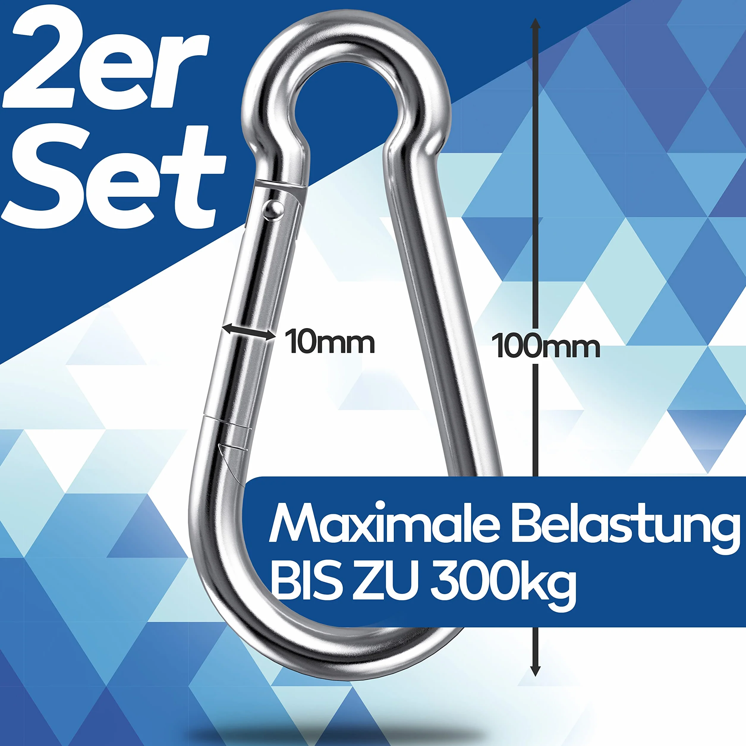 Karabińczyk ze stali nierdzewnej, zestaw 2 sztuk, 10 x 100 mm, karabińczyki DIN 5299, nierdzewne, z zamknięciem zatrzaskowym, nadają się jako breloczek do kluczy lub do dużych obciążeń i