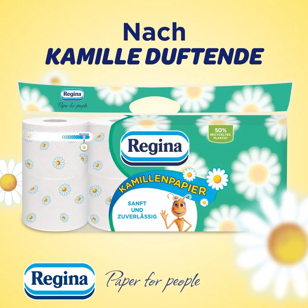 Regina Papier Rumiankowy 16 Rolek po 150 Listków, Miękki i Delikatny, Zapachowy, z Nadrukiem, 3 Warstwy, Duże Opakowanie, Certyfikat FSC, Czysta Celuloza, Atest NIZP-PZH