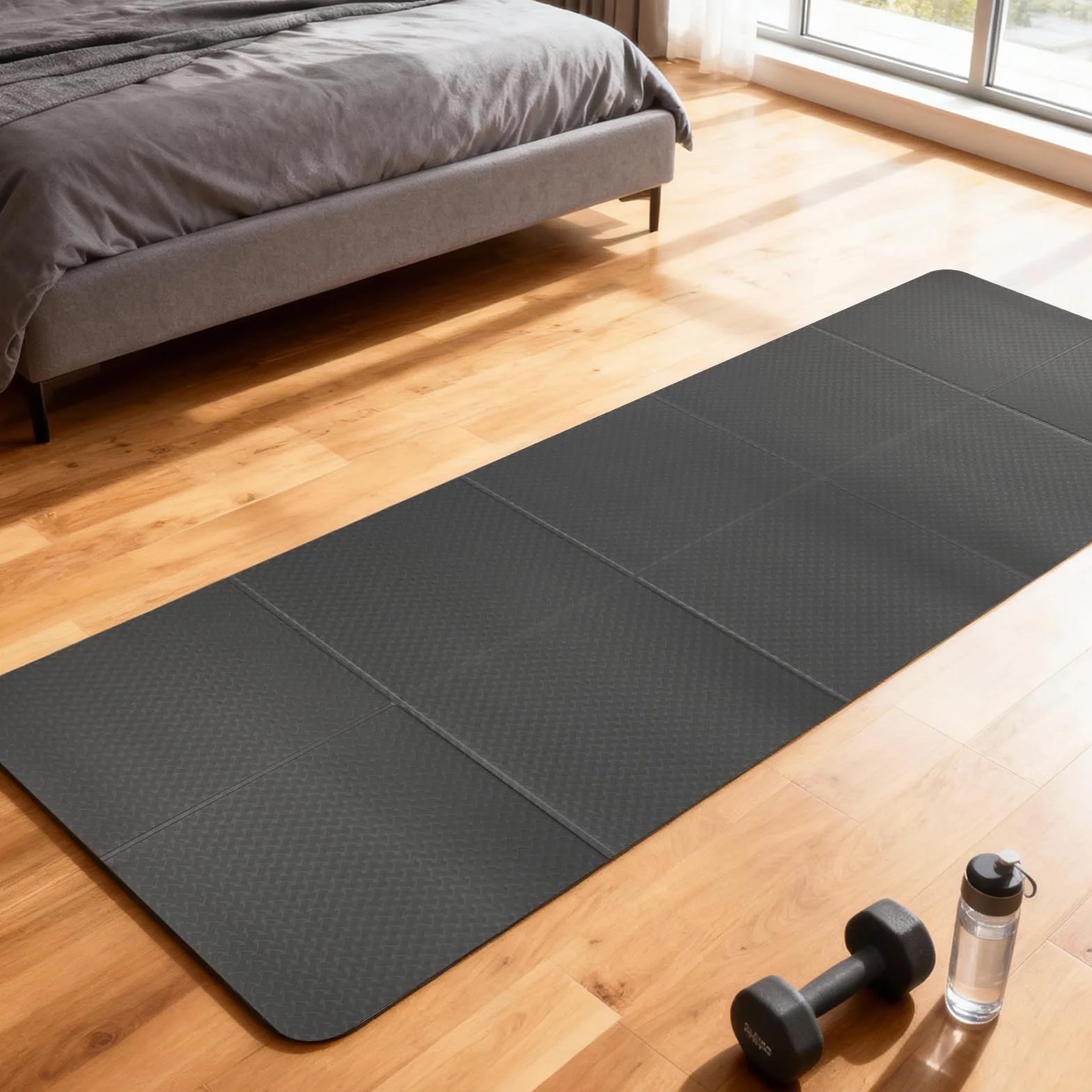 Składana mata ochronna na podłogę, 183 x 61 cm, grubość 4 mm, szara, mata do fitnessu, mata fitness z materiału TPE do sprzętu sportowego, sprzętu fitness, bieżni, maty do jogi