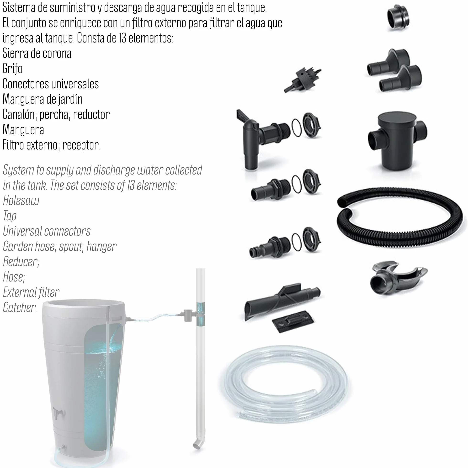 ICANSET 7 Zestaw akcesoriów do zbiorników na wodę deszczową 5 sztuk 300x55x370 mm