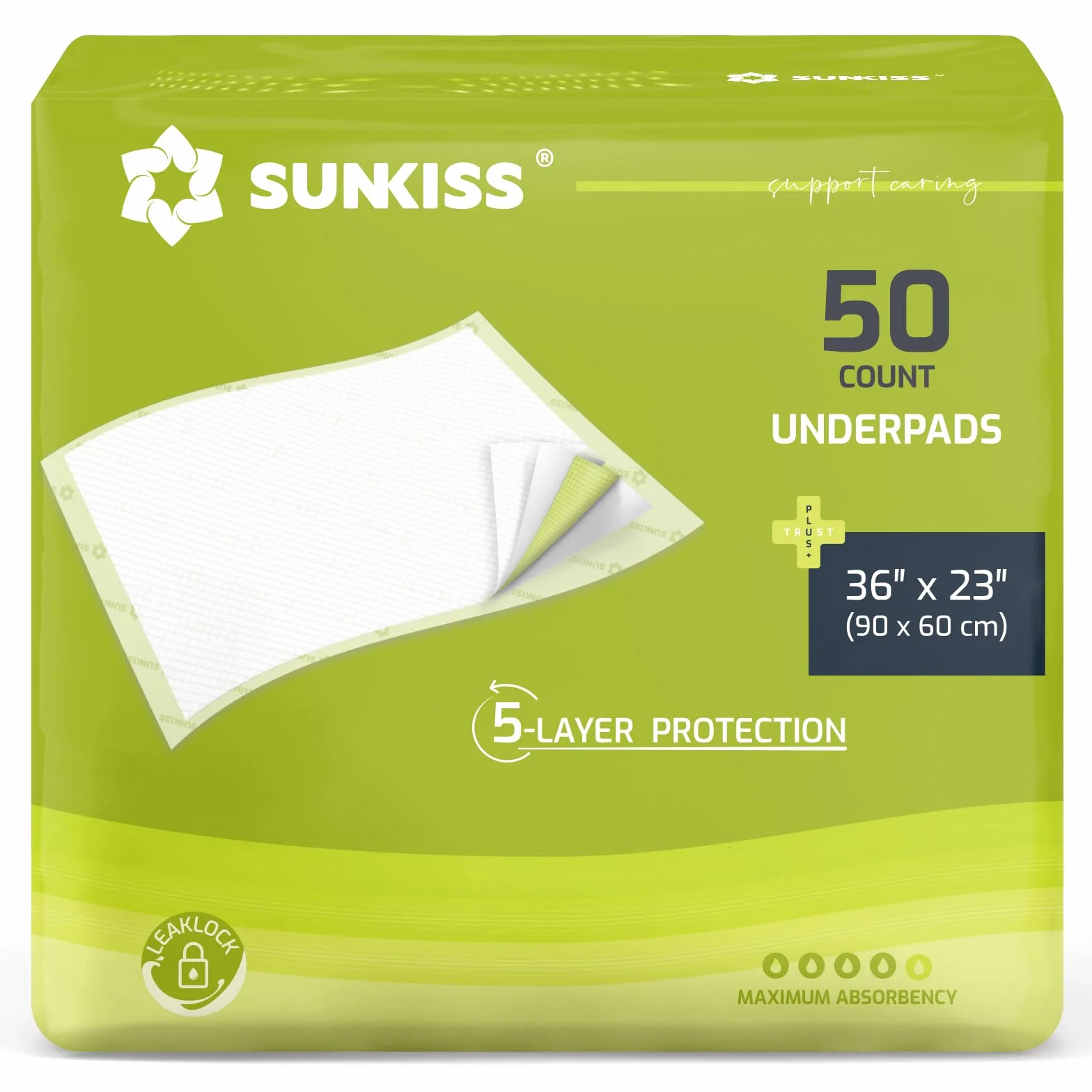 SUNKISS TrustPlus 90 × 60 cm jednorazowe podkładki na nietrzymanie moczu, chłonne podkłady na łóżko dla dorosłych i seniorów, ochrona mebli, nocna ochrona przed wyciekiem, kontrola zapachu, 50 szt.