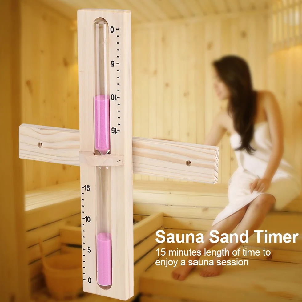 Drewniana klepsydra sauna, szklany zegar piaskowy z różowym piaskiem