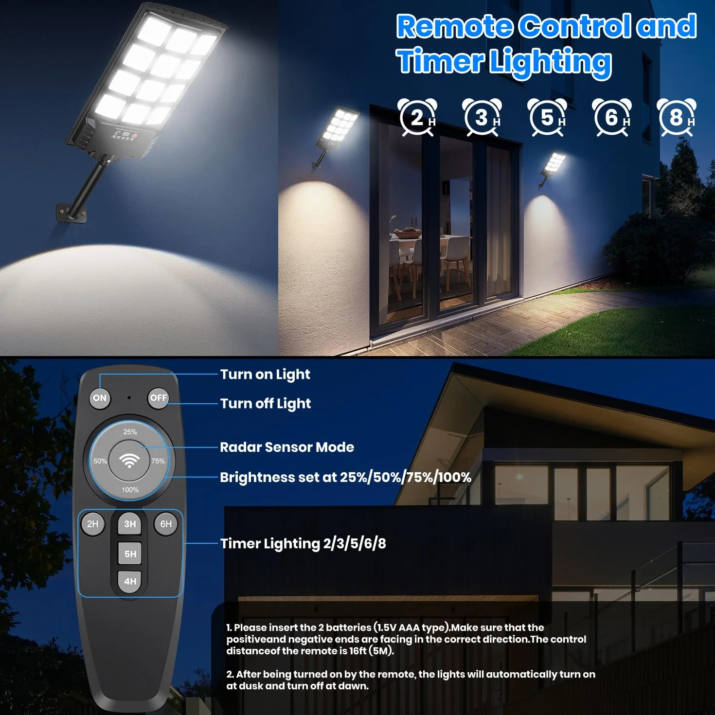 Zewnętrzny czujnik ruchu lampy słonecznej, 144 diody LED 6000K światła słoneczne ogród od zmierzchu do świtu wodoodporny IP67 z pilotem, regulowana jasność zewnętrzna lampa solarna (2)