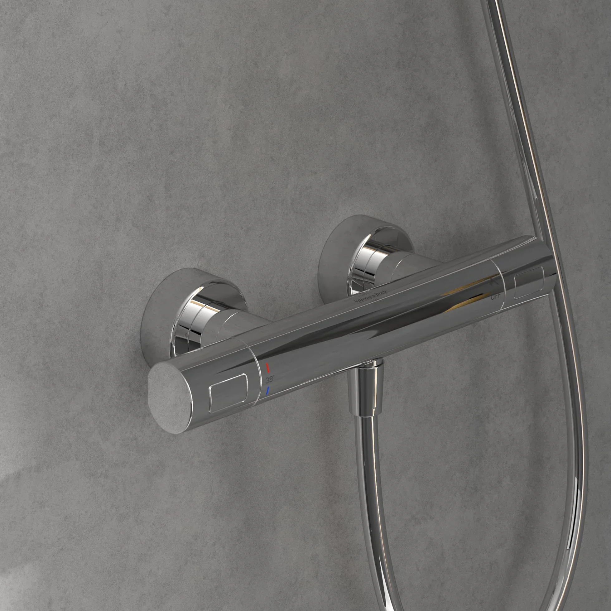 Villeroy & Boch Uniwersalny termostat prysznicowy Taps & Fittings, armatura prysznicowa z ochroną przed oparzeniem i blokadą bezpieczeństwa przy 38°, bateria mieszakowa prysznicowa natynkowa, okrągła,