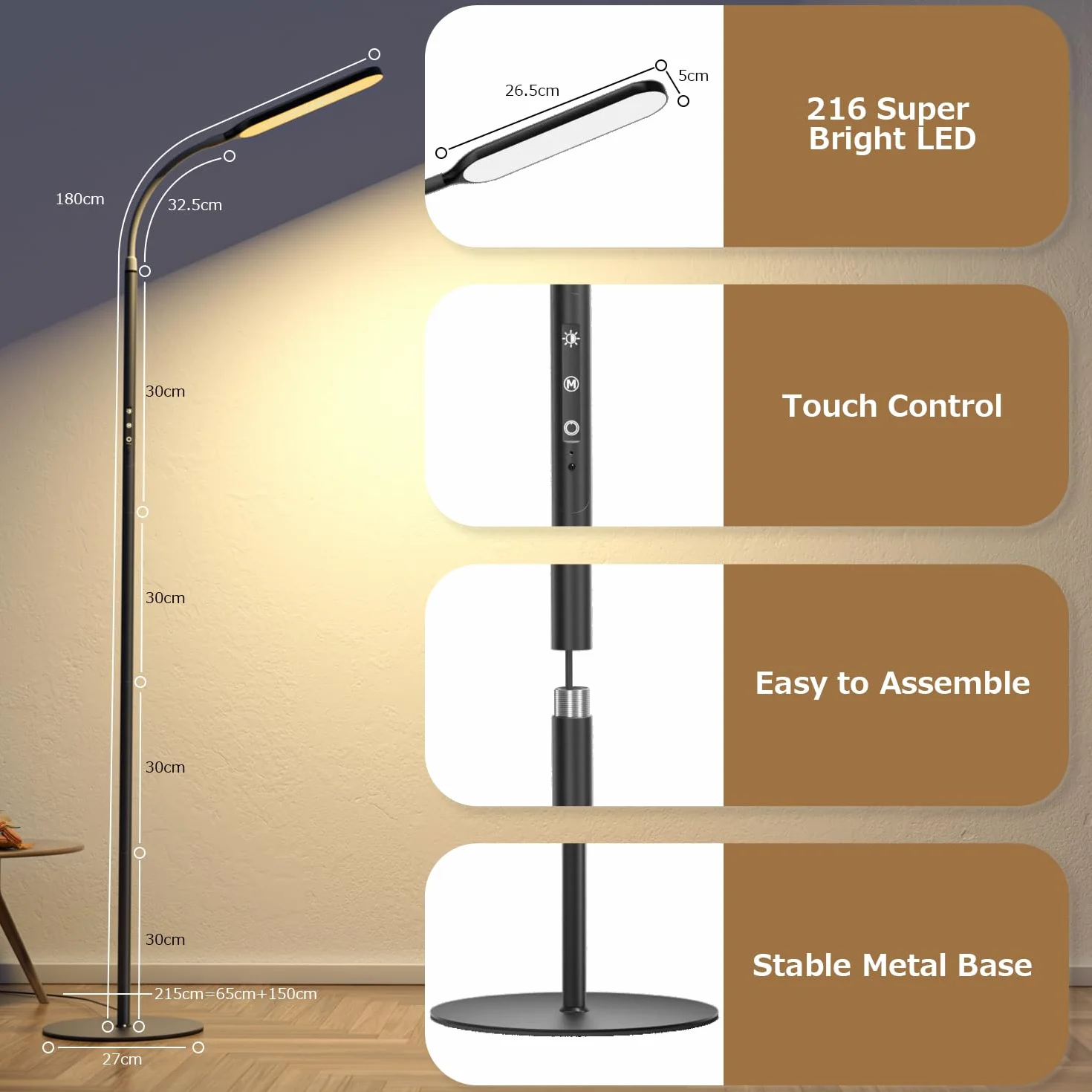 OUSFOT Ściemnialna Lampa Podłogowa LED 170 cm Sterowanie Dotykowe i Zdalne Regulowana Lampa Podłogowa 3000-4000-6000 K LED na Gęsiej Szyi do Sypialni Salon Biuro