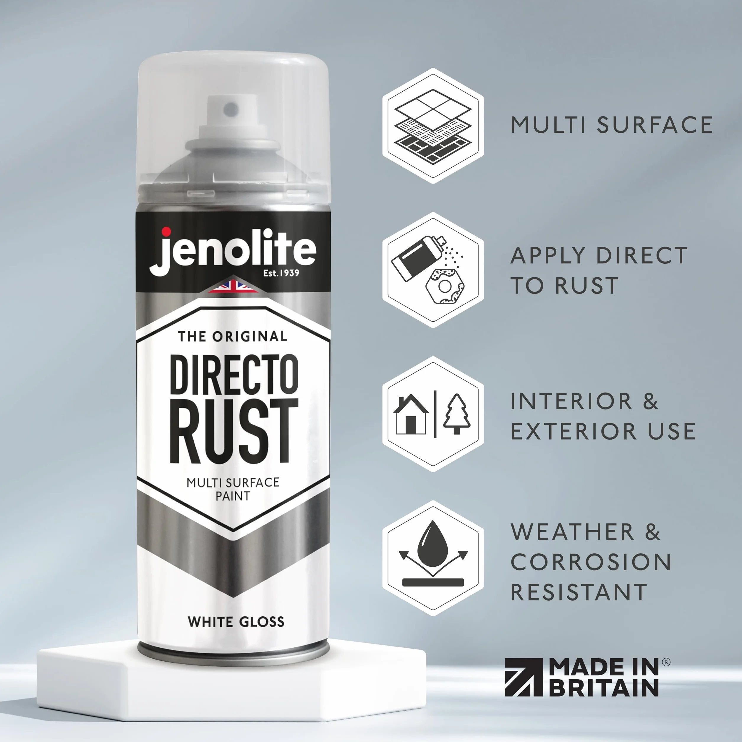 JENOLITE Directorust Farba w sprayu z połyskiem, biała, 3 x 400 ml, farba w sprayu do metalu, metalu, tworzywa sztucznego, ceramiki, RAL 9016