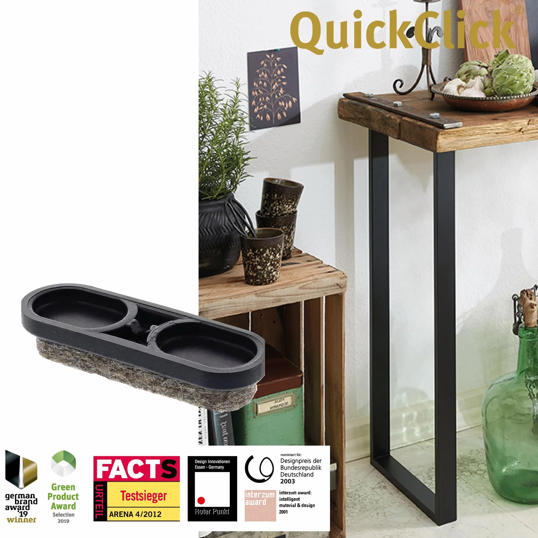Wagner QuickClick® Tandem ślizgacze filcowe do mebli, zestaw 8 wymiennych ślizgaczy, filcu wełnianego, 39 x 12 mm, do podstawy 32 x 15 mm, Made in DE - 15899000