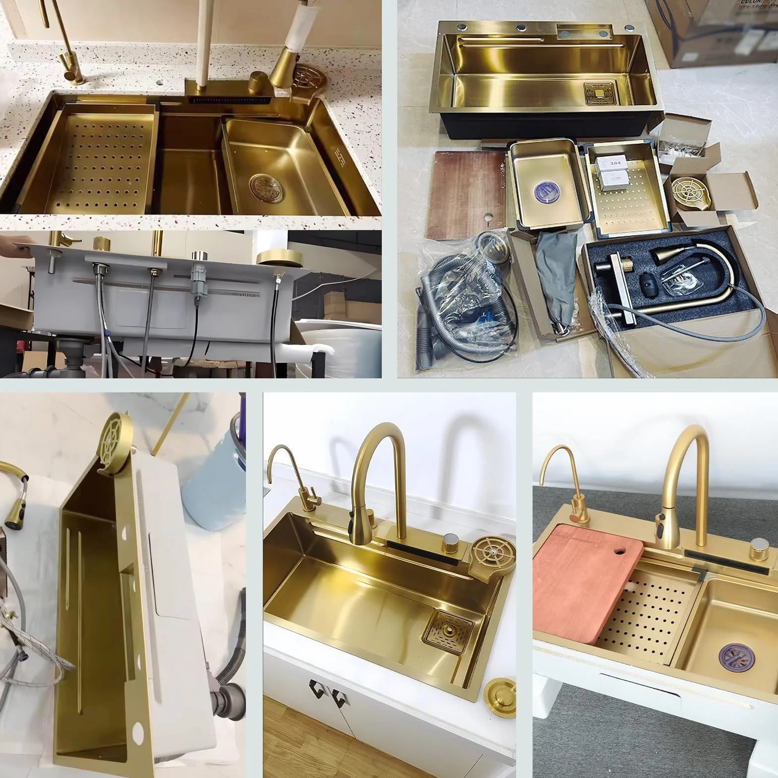 Stainless Steel Waterfall Kitchen Sink Combo With Pull-Out Faucet Nano-Coated Topmount Single Bowl Workstation Sink With Accessories, Pressure Pot Washer, Cutting Board, Draining Basket(Gold,68x45cm)
