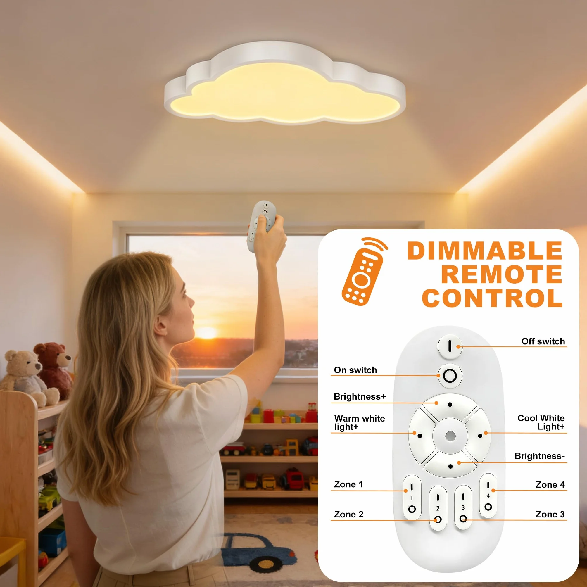 UISEBRT Lampa sufitowa LED, 48 W, chmury, ściemniana, z pilotem zdalnego sterowania, lampa do pokoju dziecięcego, nowoczesna lampa do przedszkola, sypialni