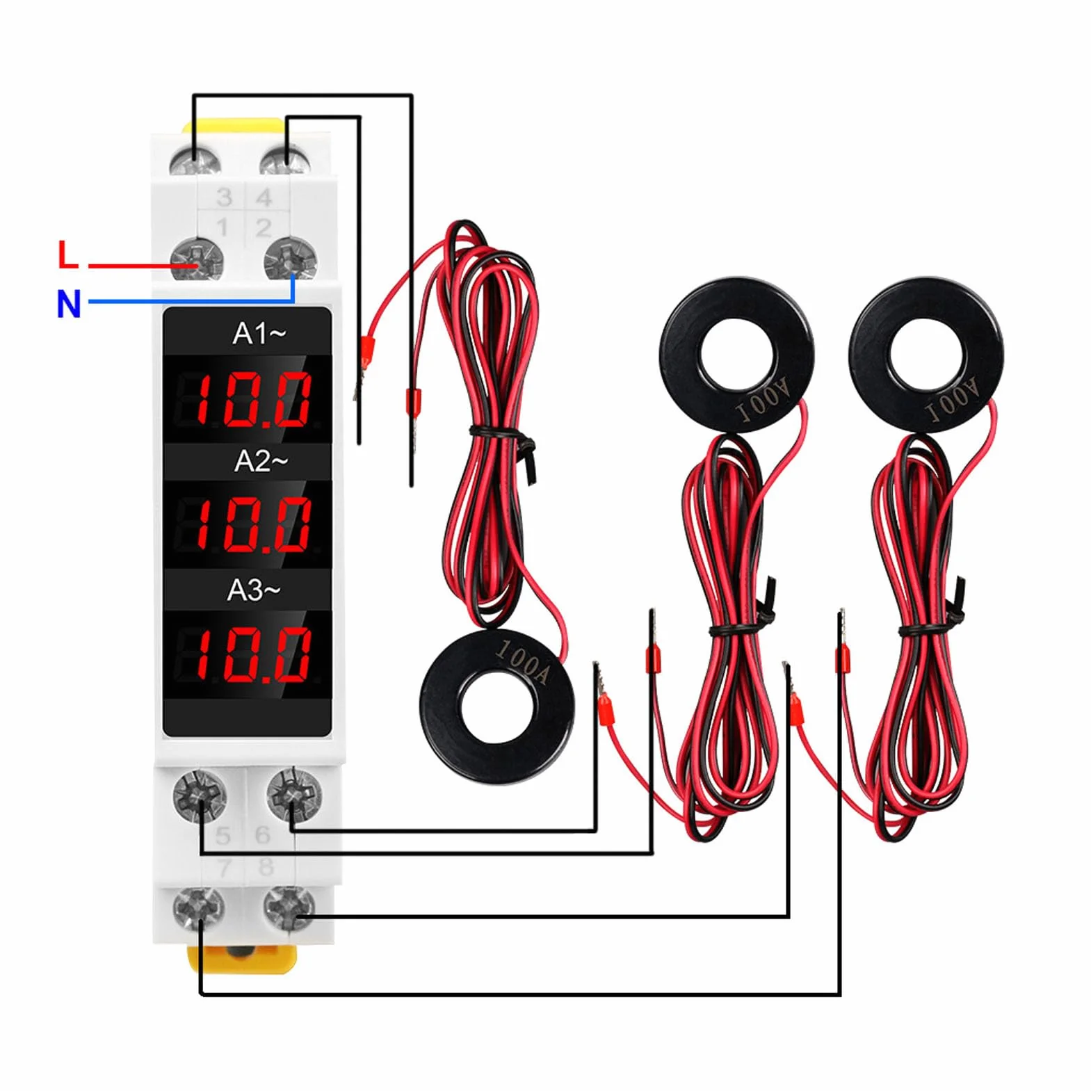 3-fazowy Woltomierz na szynę DIN Amperomierz, AC 80–500 V 1–100 A Cyfrowy Licznik Energii z 3 Czujnikami, Napięciowo-prądowy Miernik Mocy Tester Energii Elektrycznej Multimetr