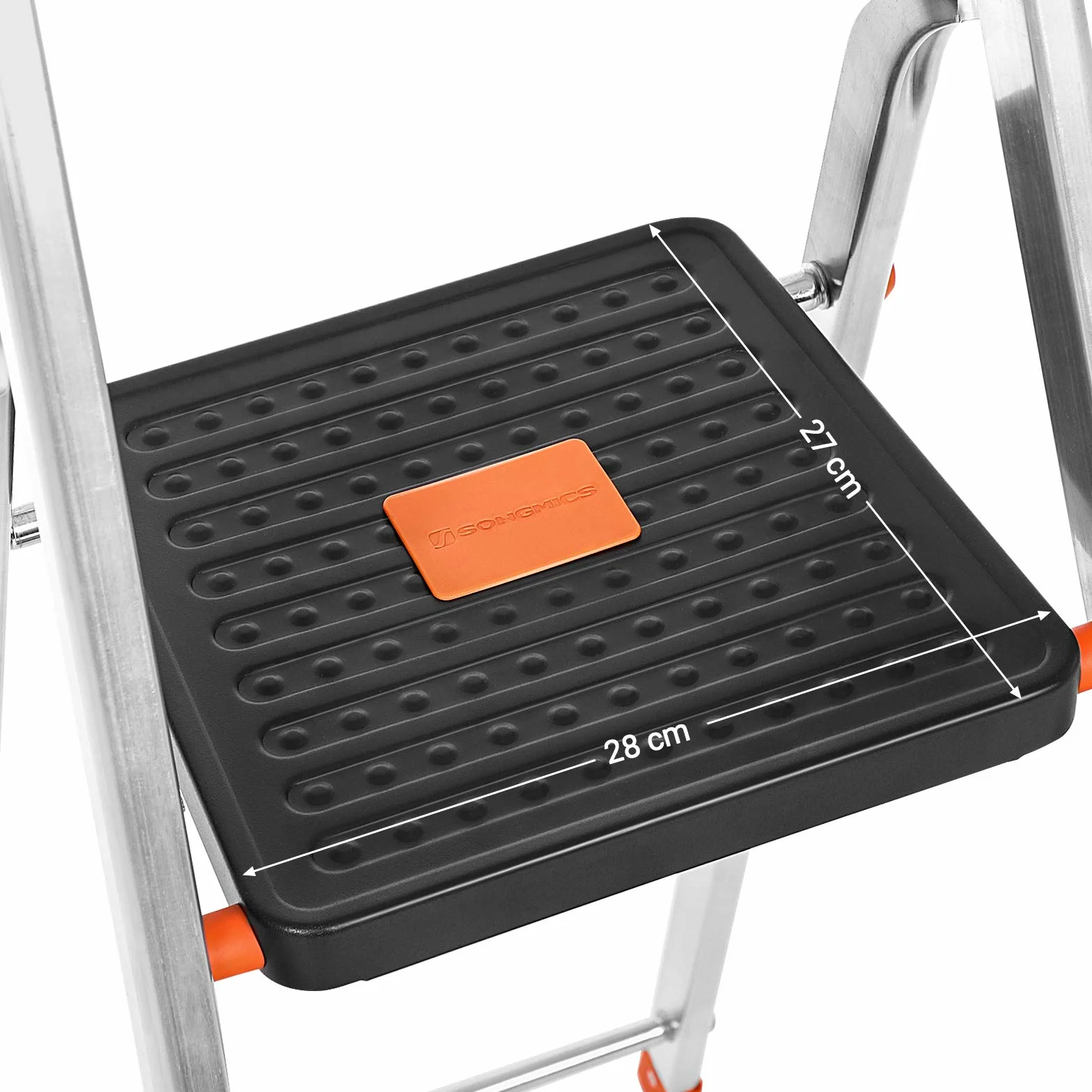 SONGMICS Drabina z 3 stopniami, drabina aluminiowa, stopnie o szerokości 12 cm z przetłoczeniami, nóżkami antypoślizgowymi, półką na narzędzia, nośność do 150 kg, czarno-pomarańczowy GLT03BK