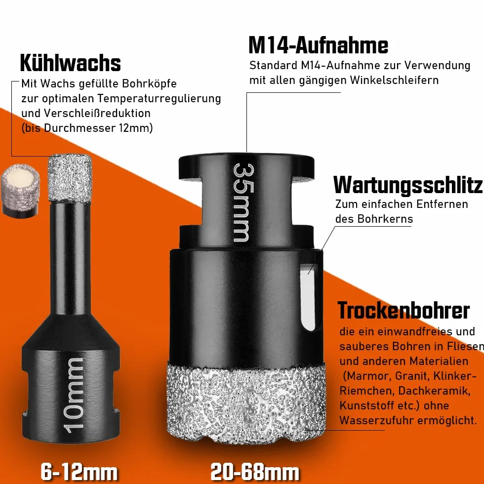 7-częściowy zestaw wierteł do płytek M14 x 15 mm, diamentowa koronka wiertnicza 20-68 mm + tarcza tnąca 125 mm, do szlifierek kątowych, otwornic, płytek, granitu, gresu, ceramiki, muru, korony