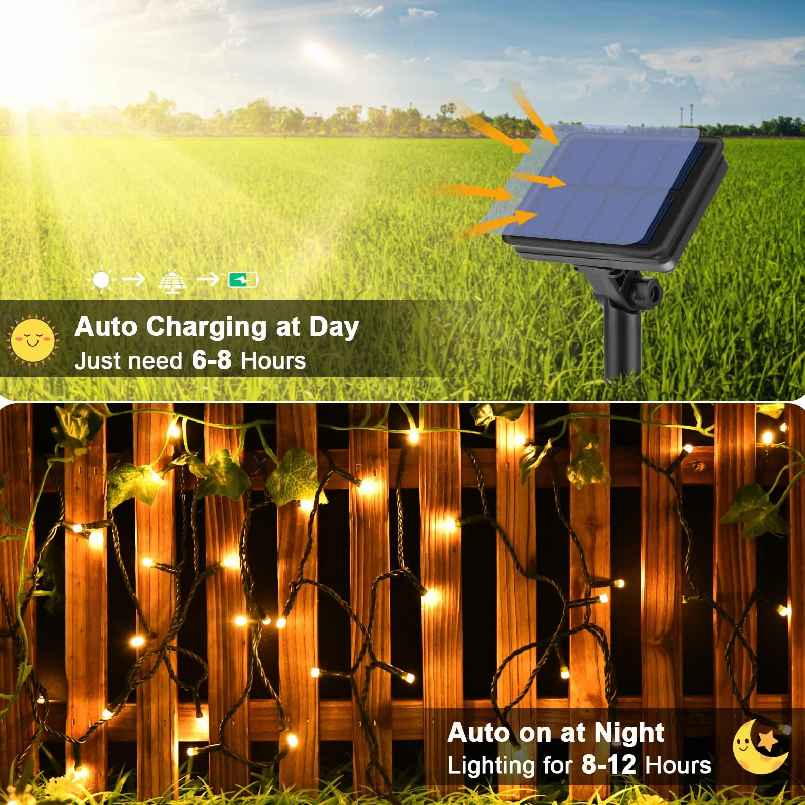 cshare Solarny łańcuch świetlny do użytku na zewnątrz, 5 m, 50 diod LED, odporny na warunki atmosferyczne, 8 trybów, wodoszczelność IP65, drut miedziany, łańcuch świetlny na zewnątrz, do ogrodu, na