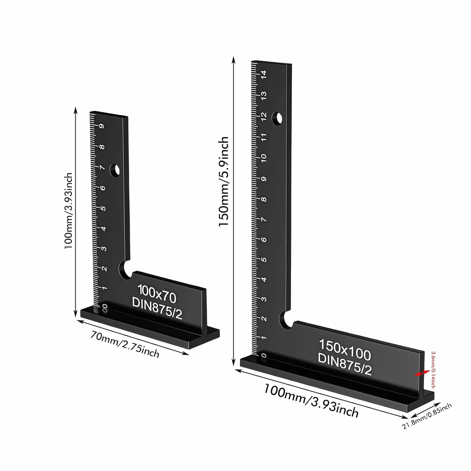 Ylinwtech Precyzyjny kątomierz kwadratowy, zespół stolarski, kwadratowa linijka w kształcie litery L 90,150 x 100 mm, 100 x 70 mm, odpowiednia do pomiarów stolarskich