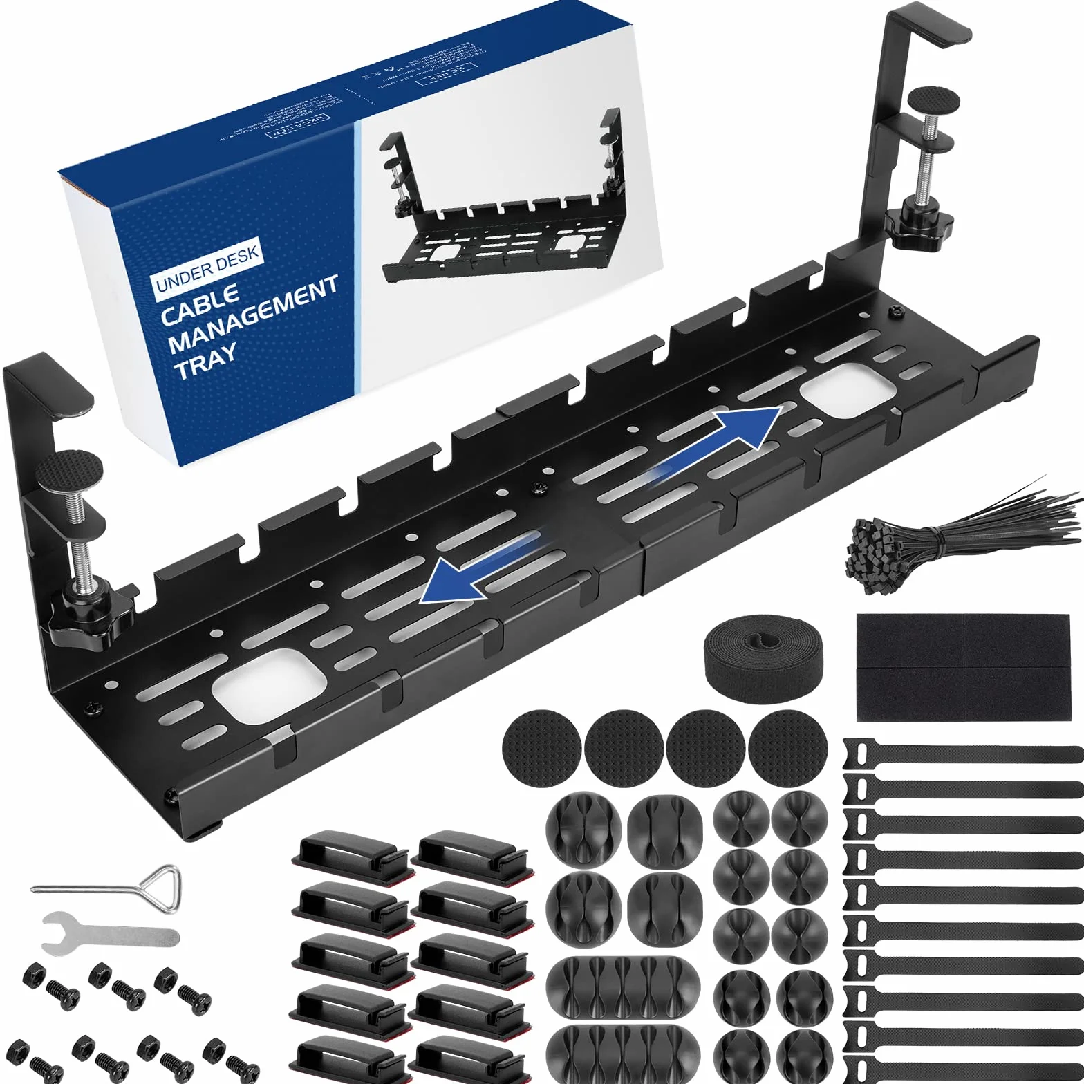WADEO Chowana taca do zarządzania kablami biurkowymi 28,5-52 cm, regulowany organizer na kable bez wiercenia, zestaw 148 sztuk, metalowy kosz z siatki do listew zasilających