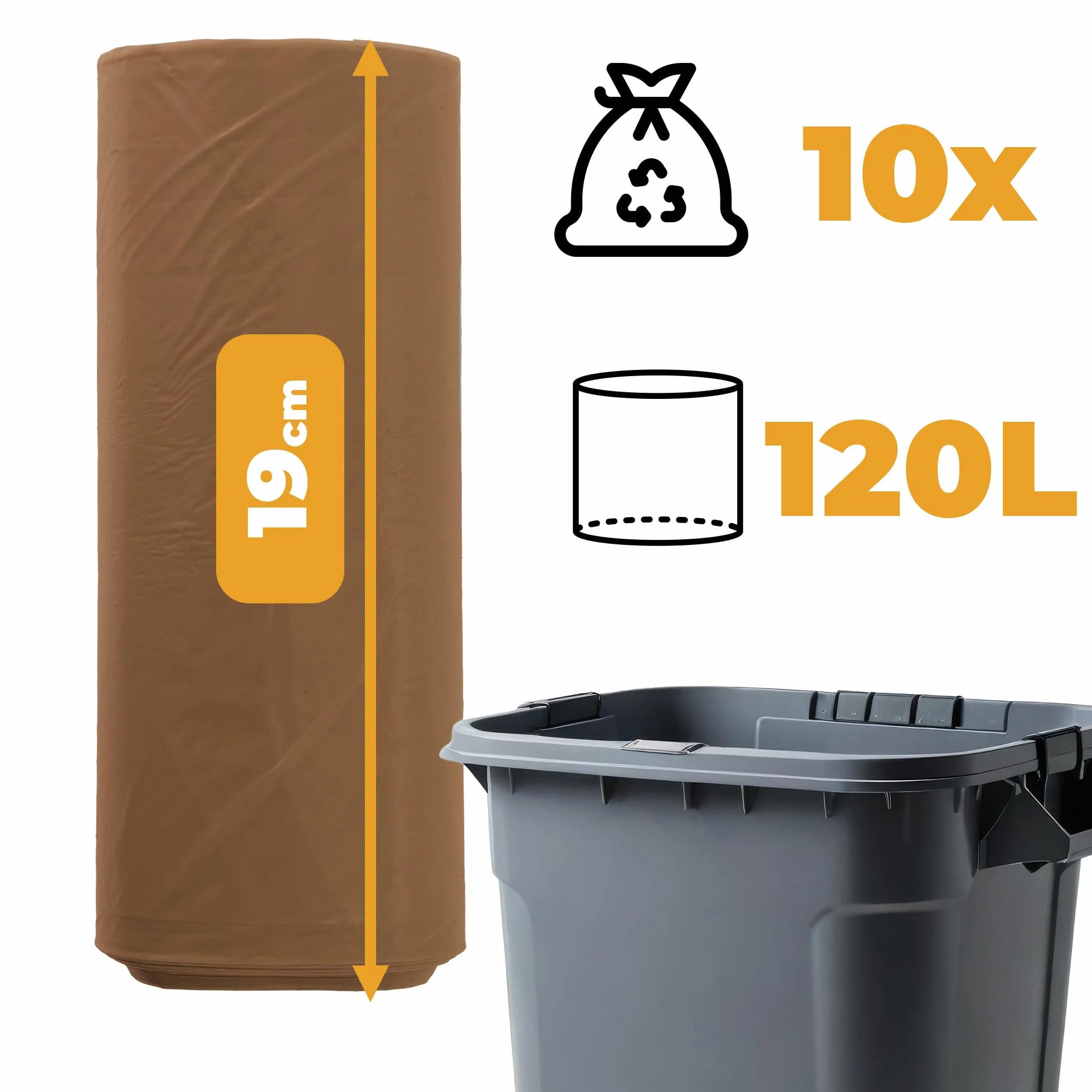 Worki na Śmieci mocne 120l Rolka 10 szt wytrzymałe na Odpady segregacyjne Materiał Ldpe w Rulonie do Pracy, Domu, Garażu Torby neutralizujące zapach brązowe