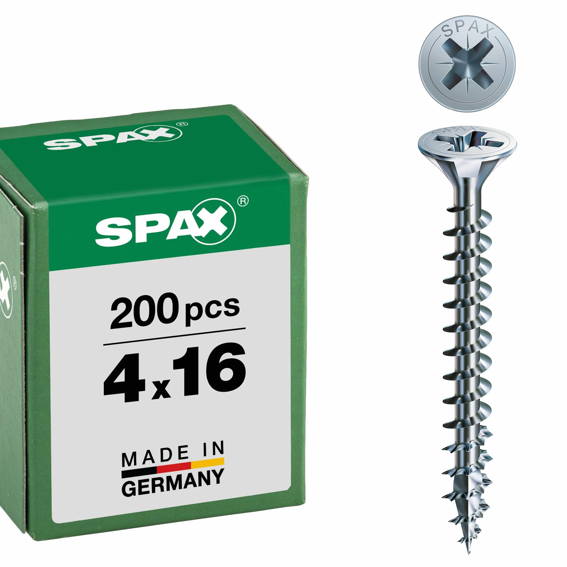 SPAX Śruba uniwersalna, 4,0 x 16 mm, 200 sztuk, z gniazdem krzyżowym Z2, łeb wpuszczany, pełny gwint, 4CUT, WIROX A3J, 1081010400163
