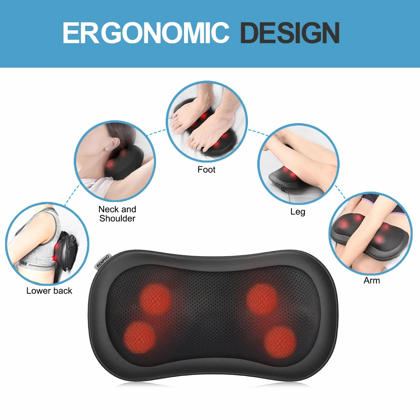 RENPHO Back Massager with Heat, Shiatsu Neck Massage Pillow, 3 Speeds Electric Shoulder Massager