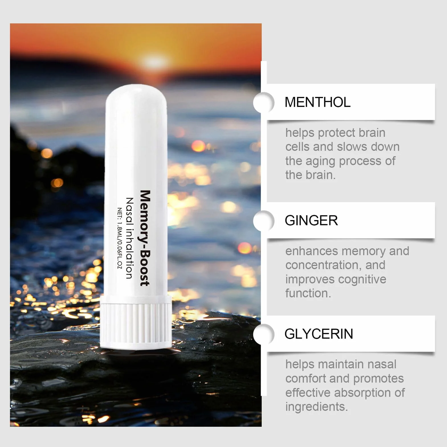 Memory Boost przenośny inhalator z przyssawką do nosa, dyfuzor do aromaterapii, świeże powietrze, miękkie składniki, kojący, 1,8 ml, do oddychania