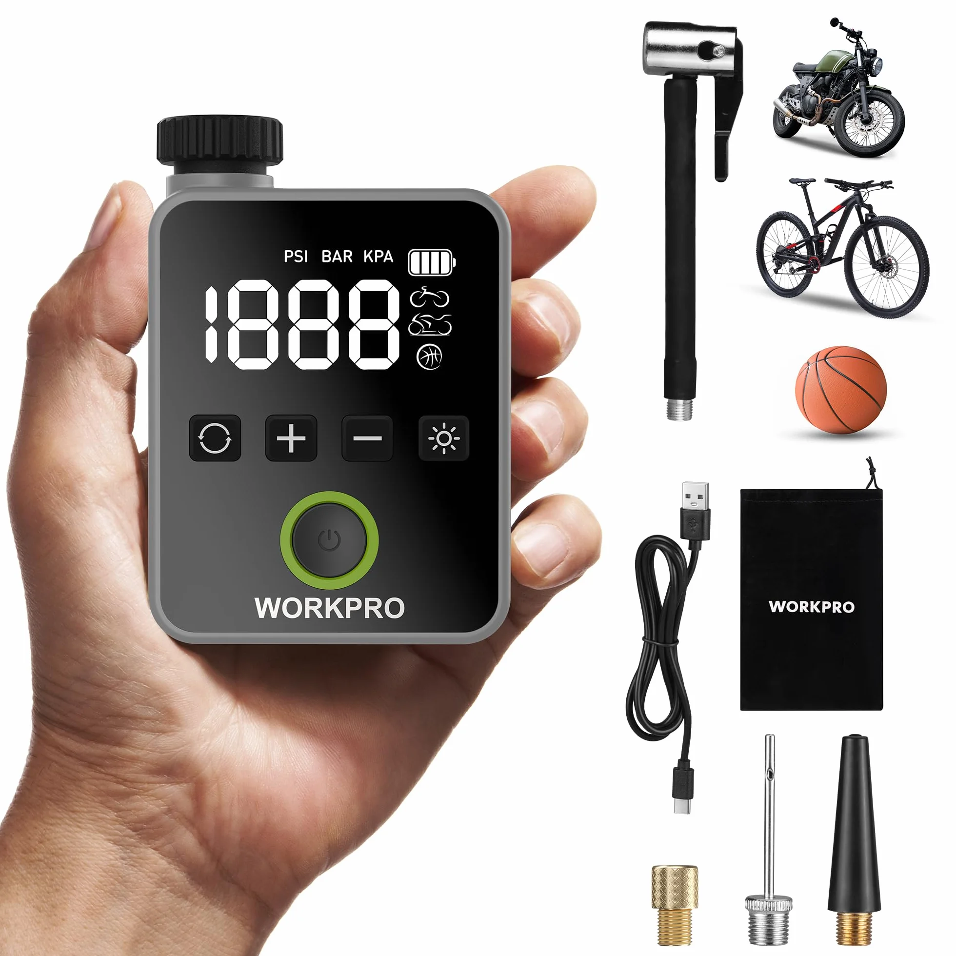 WORKPRO Mini pompka rowerowa, bezprzewodowa, elektryczna pompka powietrza 140 psi, przenośna sprężarka akumulatorowa z wyświetlaczem LED i światłem, do roweru, motocykla i piłki