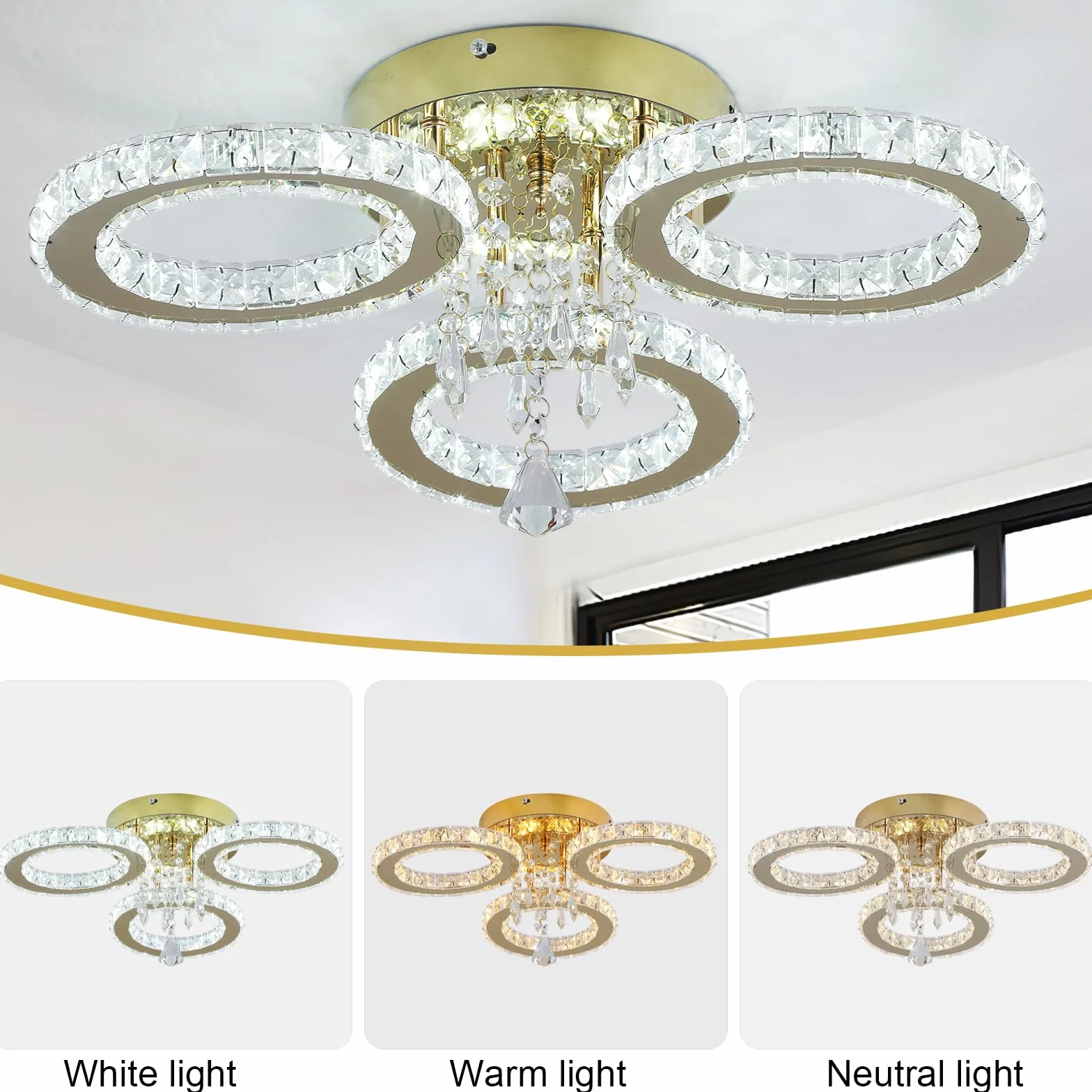VETRULUS Nowoczesny LED‑żyrandol kryształowy – Złota lampa sufitowa z 3 pierścieniami, ściemnialna, do sypialni, jadalni, korytarza