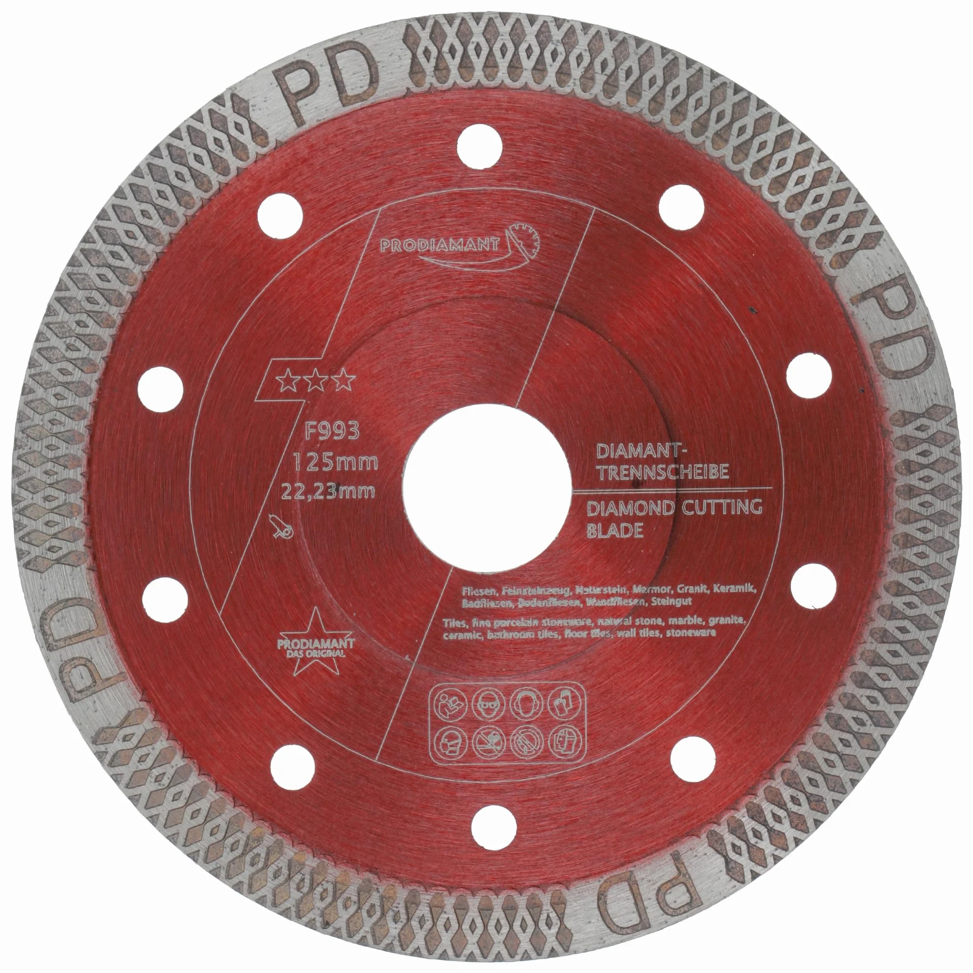 PRODIAMANT® F993 Diamentowa tarcza do płytek [125 mm x 22,23 mm] – Tarcza tnąca do płytek, gresu, marmuru i kamienia naturalnego – Bardzo cienka tarcza diamentowa – Do szlifierek kątowych M14