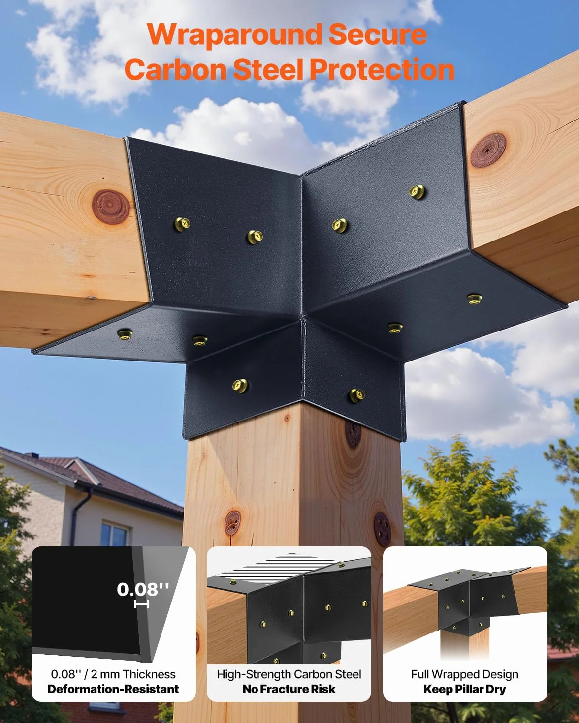 VEVOR Zestaw pergoli ze stali węglowej, 8 sztuk 3-drożnych wsporników pochylonych ok. 101 x 101 mm, pasuje do belek o wymiarach ok. 1067 x 1067 mm z akcesoriami do montażu na ścianie, altany