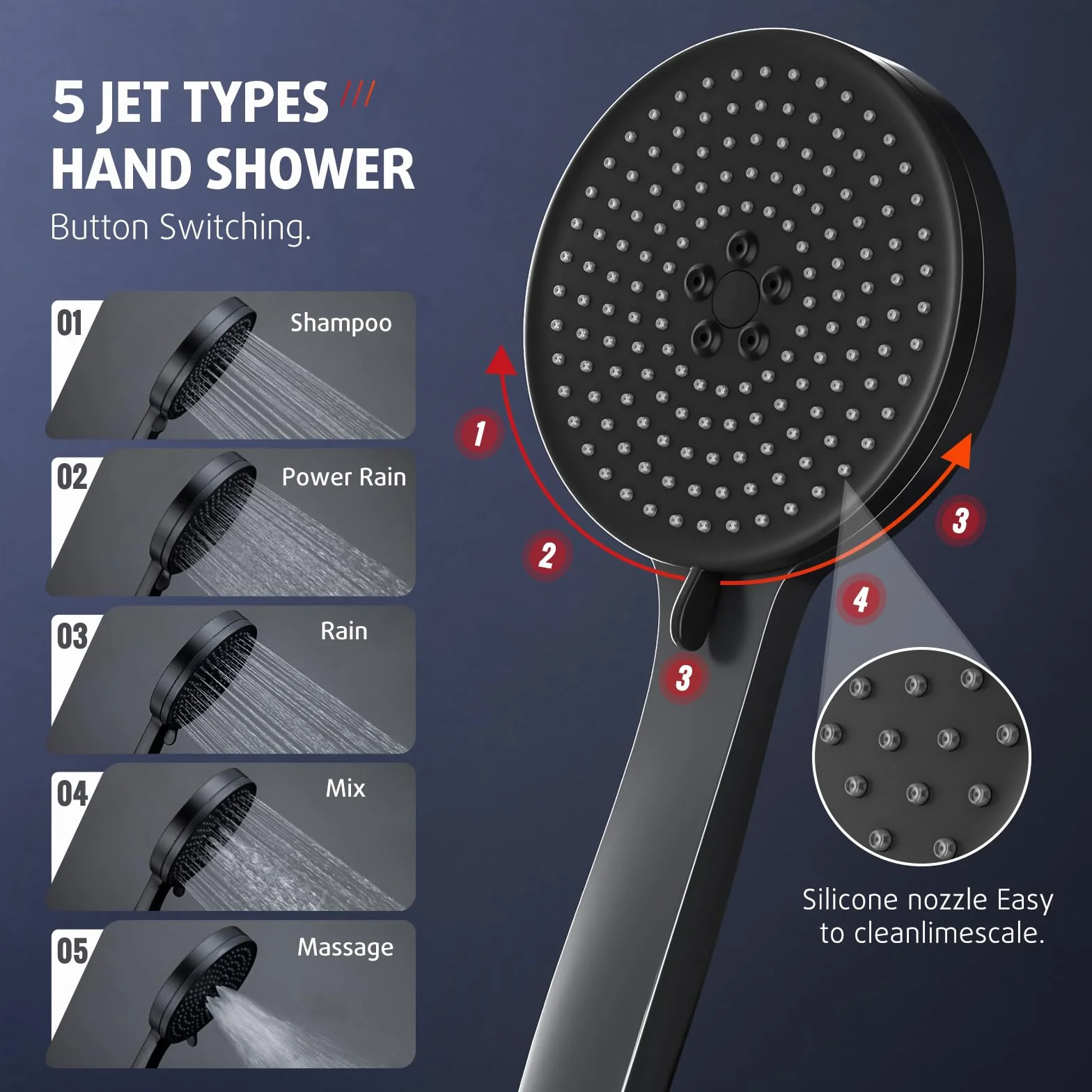 Rainsworth System prysznicowy z termostatem, Ø 30 cm, okrągły, deszczownica, zestaw prysznicowy oszczędzający wodę, 5 rodzajów strumienia, 92-126 cm, drążek prysznicowy Rainforest, kompletny zestaw do