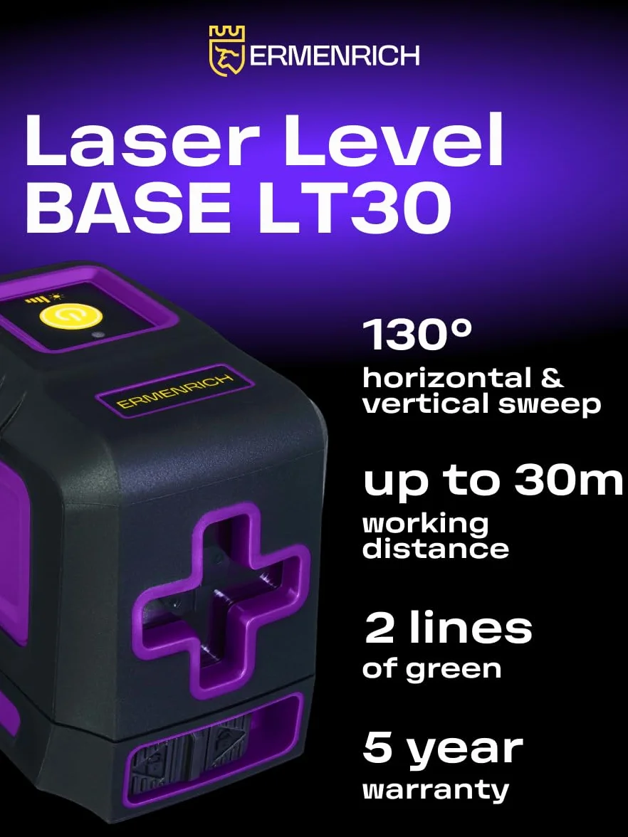 BASE LT30 Zielona Poziomica Laserowa Samopoziomująca Tryb Impulsowy 30 m 2 Linie Krzyżowe — IP54 Regulowana Jasność Uchwyt i Futerał W Zestawie Fioletowa