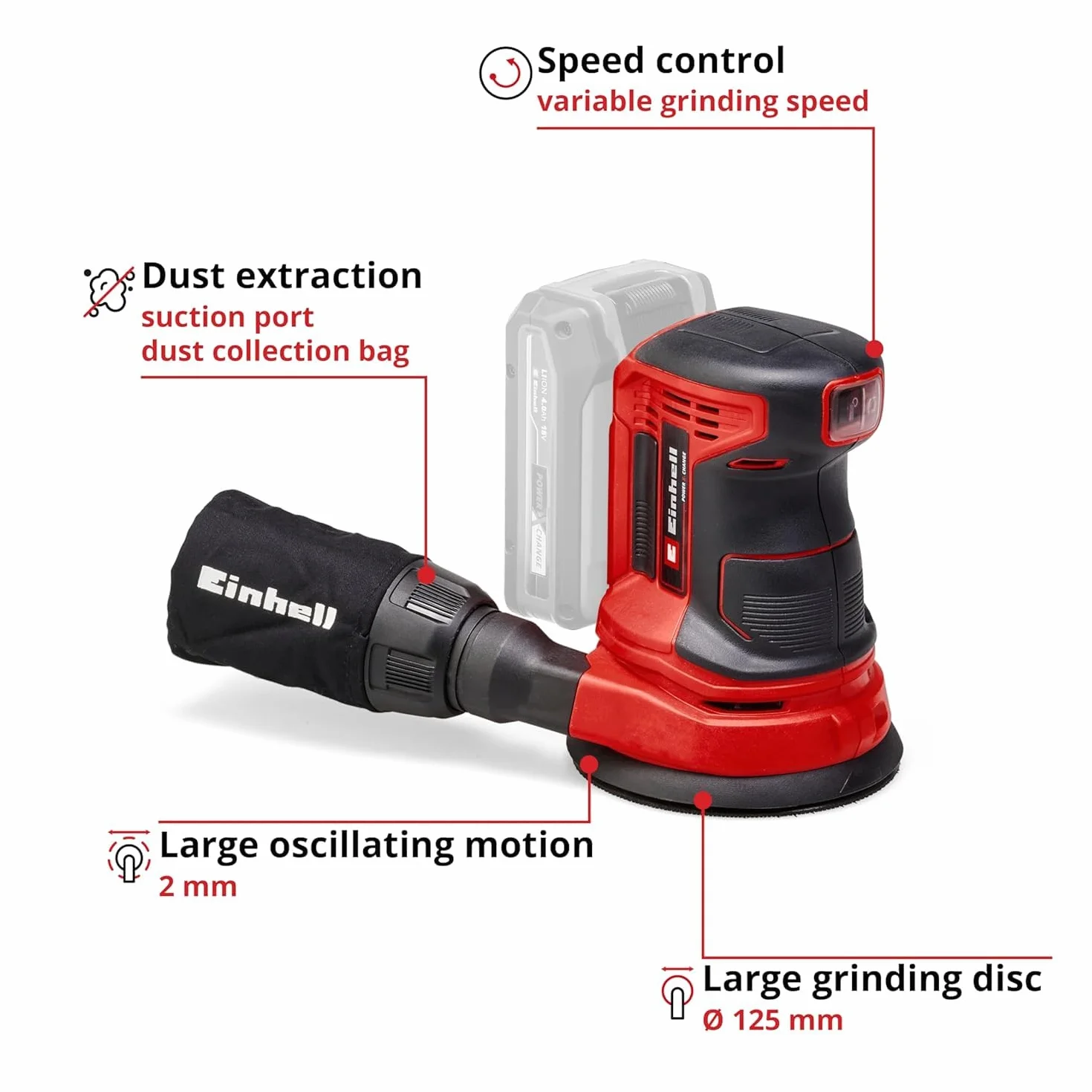 Einhell Akumulatorowa szlifierka mimośrodowa TE-RS 18 Li Solo Power X-Change (Li-ion, 18 V, tarcza szlifierska Ø 125 mm, uchwyt Softgrip, w tym 1 x papier ścierny, bez akumulatora i ładowarki)