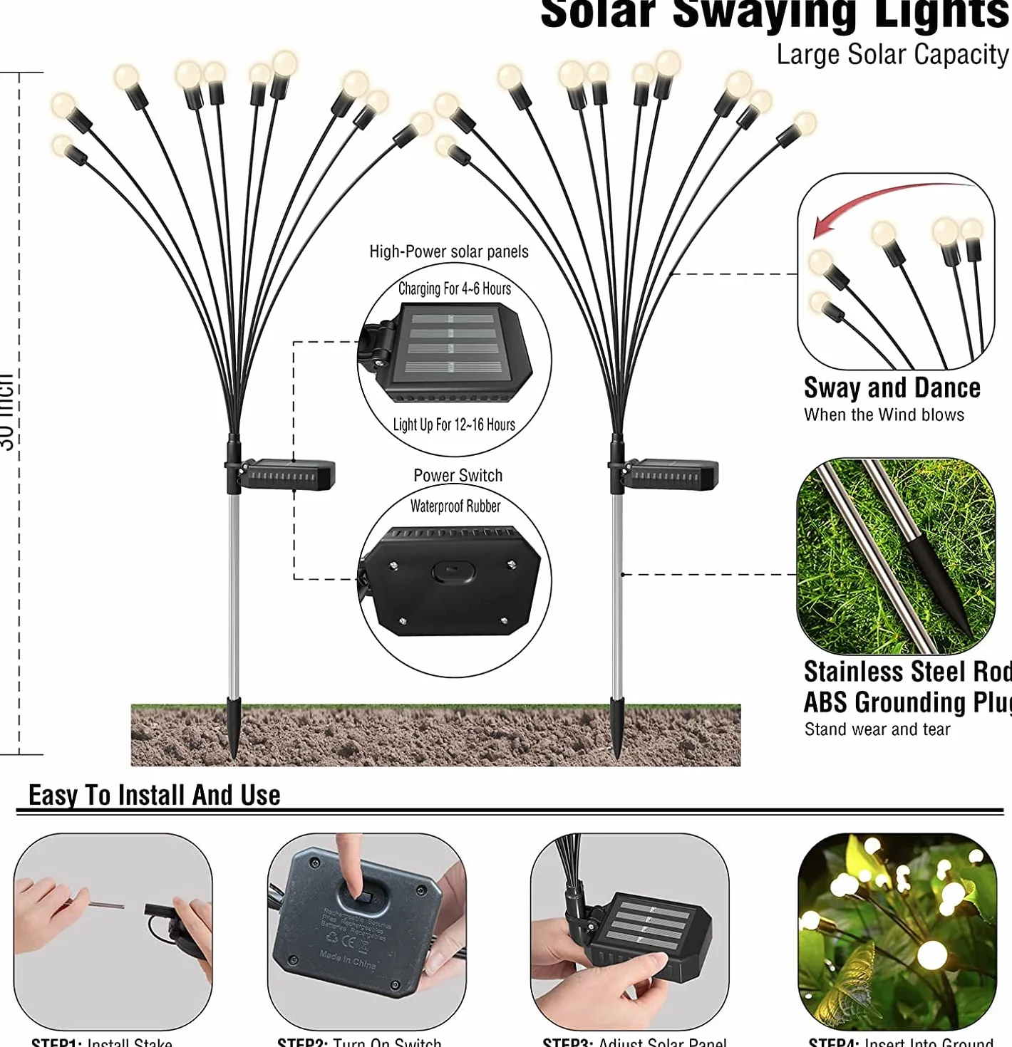 Lampy solarne LED 4 sztuki IP65 ciepła biel do ogrodu na zewnątrz