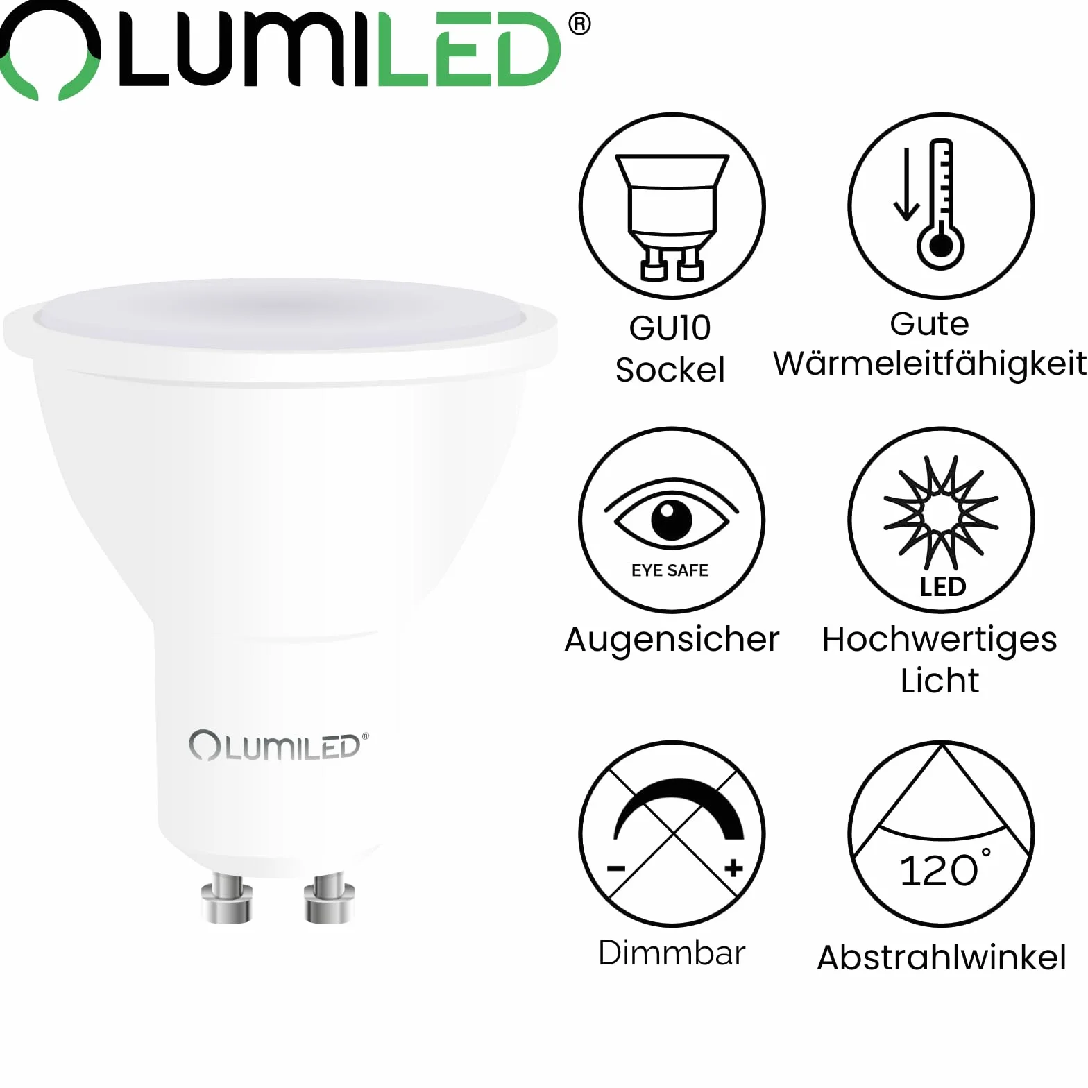 Lumiled Żarówka LED GU10 Reflektor PAR16 10W = 90W 1000lm 4000K Neutralna biel 120° Energooszczędna Zestaw 10 sztuk