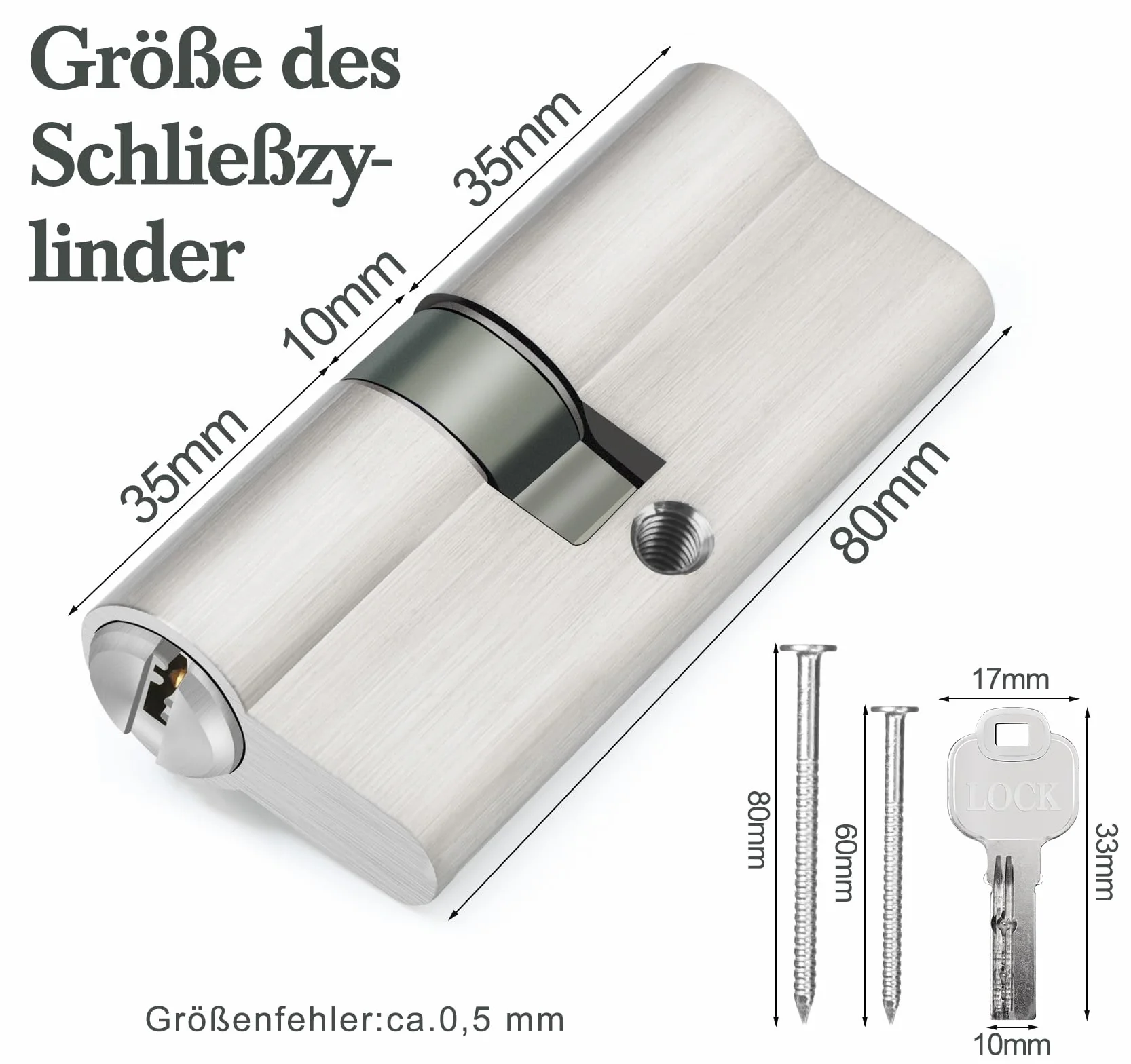 Hengsong Cylinder zamka 40/40, zamek bębenkowy, z 8 kluczami, cylinder profilowy do drzwi wejściowych, zamek do drzwi wejściowych, zamek do drzwi wewnętrznych, ok. 6 cm x 1,5 x 1,5 x 3 cm, srebrny