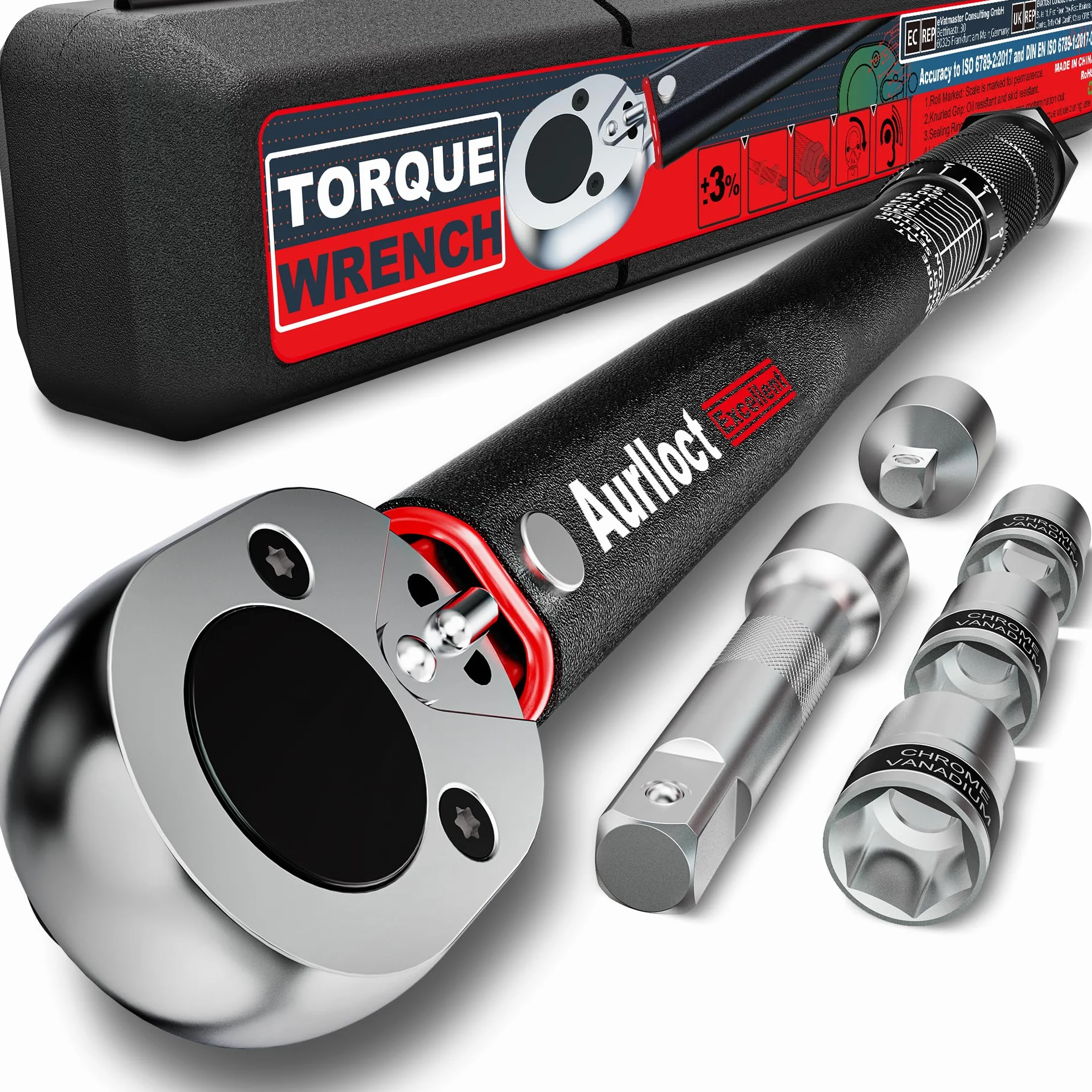 Klucz Dynamometryczny 1/2" 20-230 Nm, Samochodów i Motocykla, Klucz Obrotowy 6-częściowy Czarny