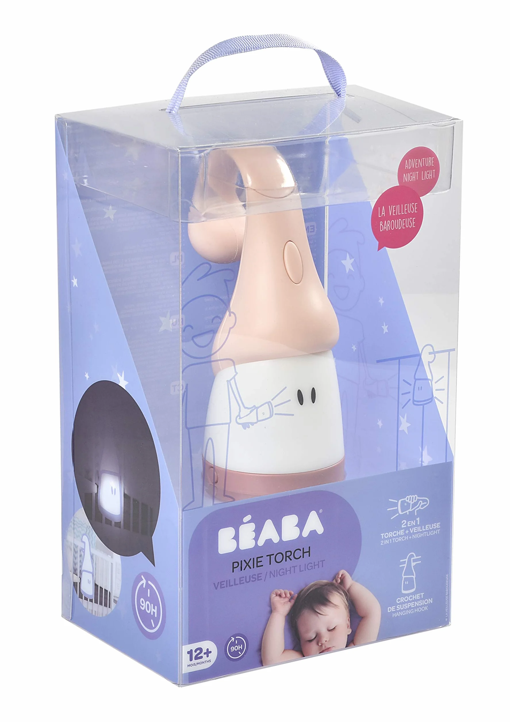 BÉABA, Lampka nocna dla dzieci/niemowlęcia, przenośna bezprzewodowa, Ewolucyjna w Latarkę, miękkie światło, ergonomiczna konstrukcja: Przyczepia się do uchwytów, łóżko z drążkiem, Długa żywotność baterii 90 godzin, Latarka Pixie, różowa drażetka
