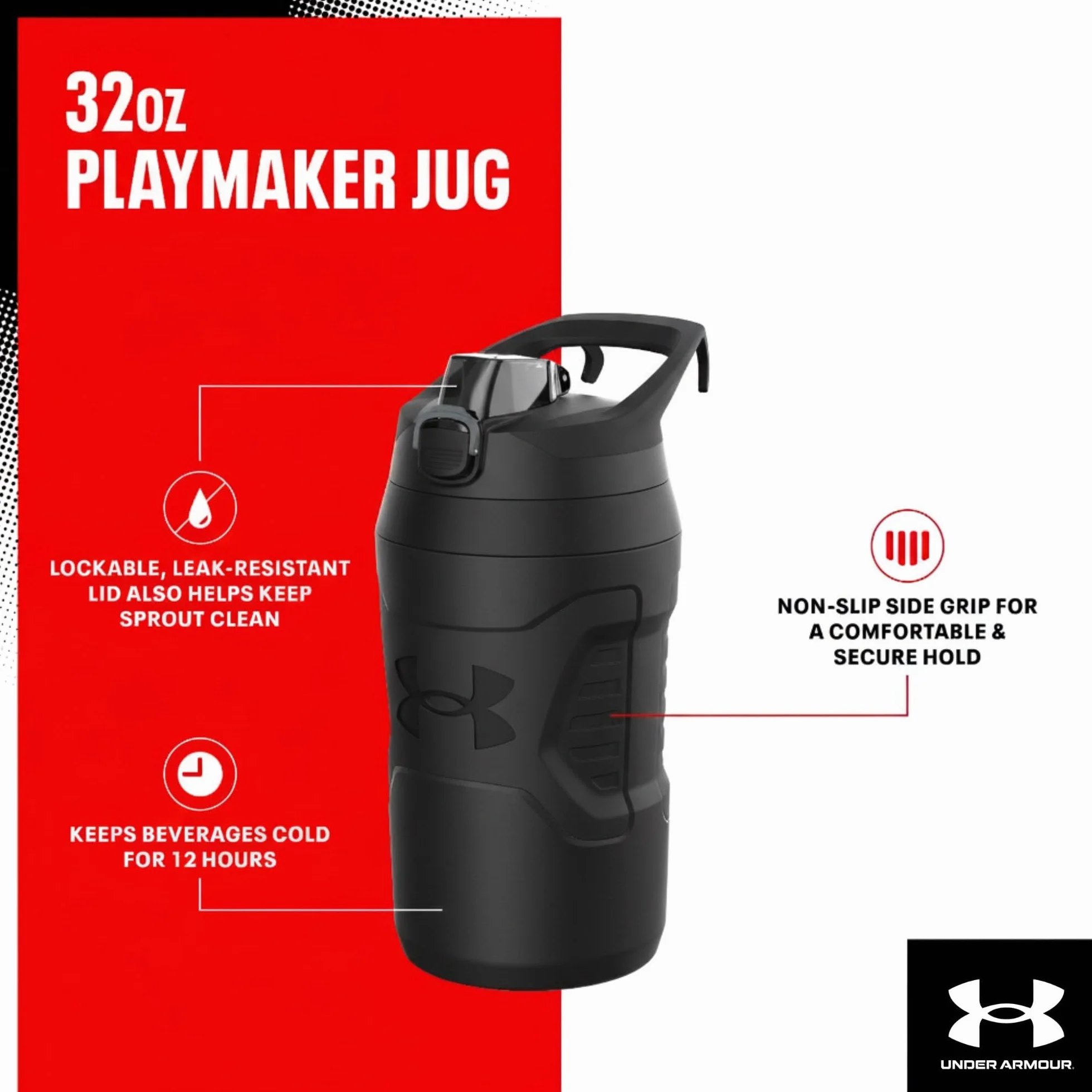 Under Armour Izolowane butelki na wodę 907 ml – sportowy dzbanek na wodę z uchwytem, hak ogrodzeniowy, szczelny do baseballu, piłki nożnej i nie tylko, butelki na wodę 907 ml, sportowa butelka na wodę