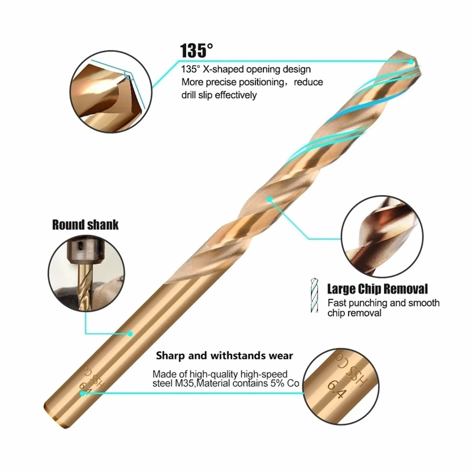 Wiertło kręte ze stali szybkotnącej, 8-20 mm M35 kobaltowe, do stali nierdzewnej i twardych metali (1 sztuka)(14.7mm)