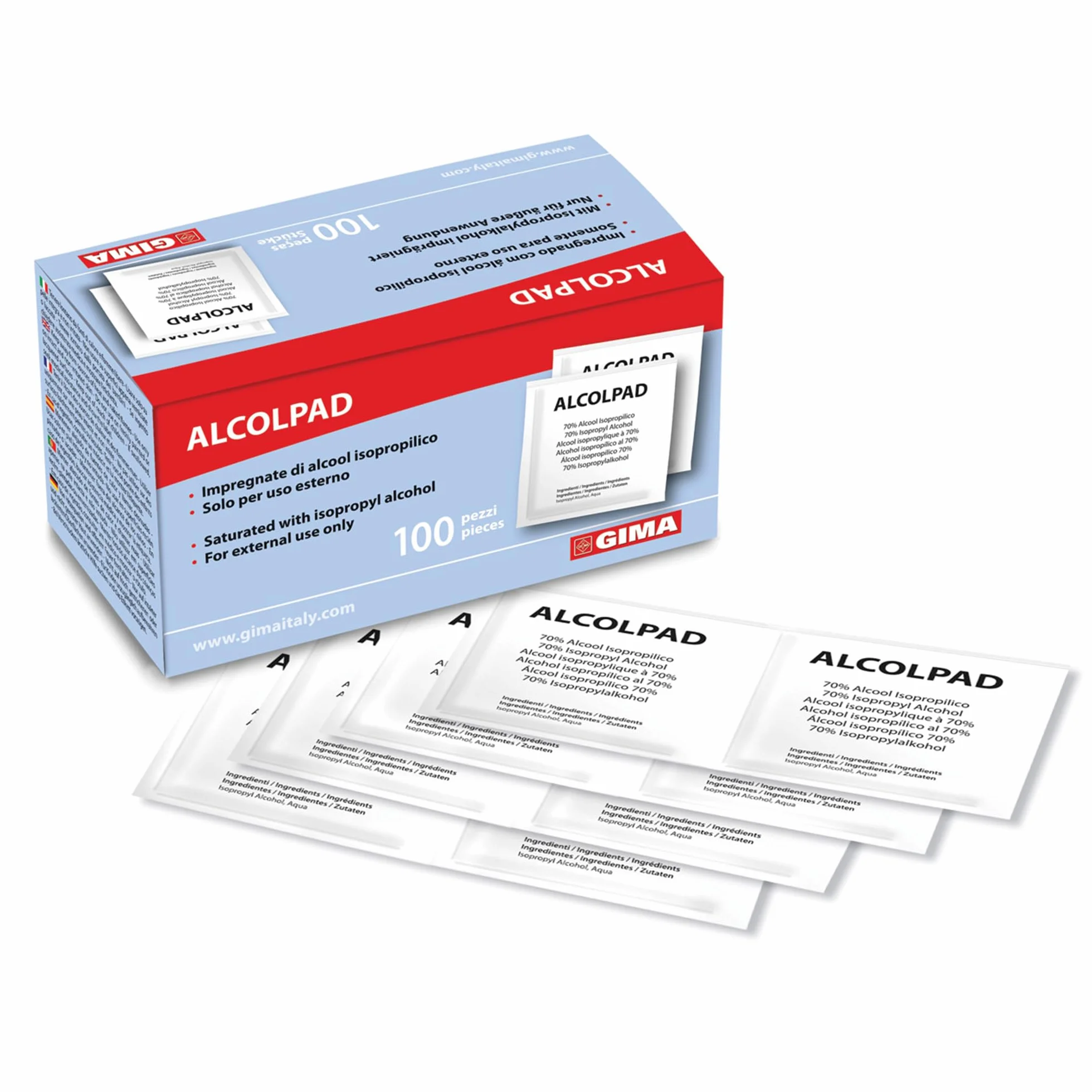 Gima - Alcomed Alkohol Pads, Tampony nasączone 70% alkoholem izopropylowym, do dezynfekcji skóry, pudełko 100 padów, 36598