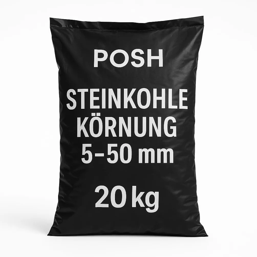 POSH Węgiel kamienny drobny 5-50 mm 20 kg wysokiej jakości paliwo do pieca, kotła grzewczego i instalacji na paliwo stałe, niska zawartość popiołu, wysoka wartość opałowa