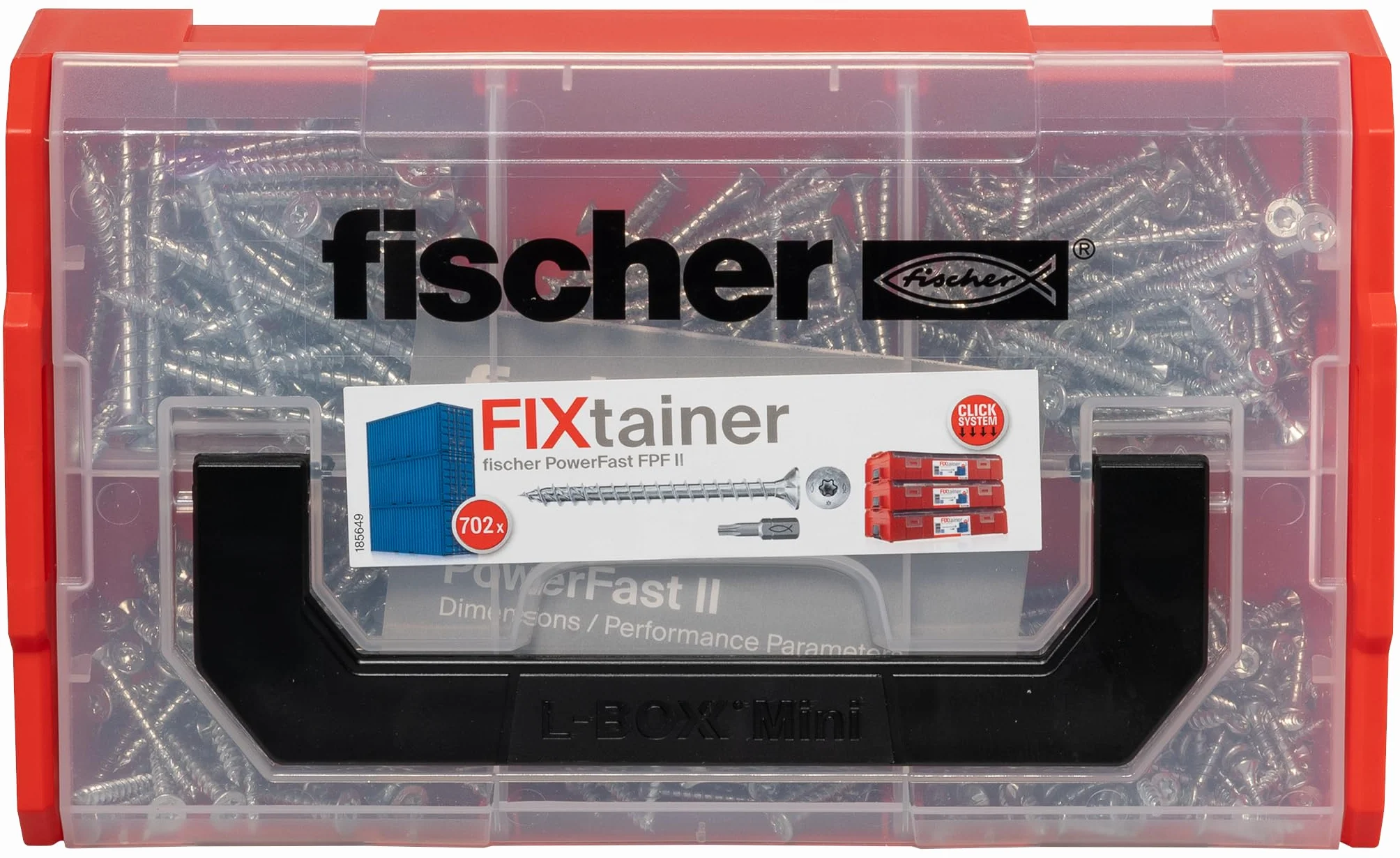 Wkręty do płyt wiórowych fischer FixTainer PowerFast II, wstępnie posortowane pudełko asortymentowe z 700 wkrętami i 2 końcówkami, łeb stożkowy, pełny gwint i napęd TX, uniwersalny zestaw mocujący