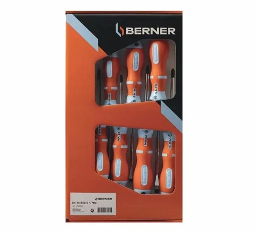 Berner Zestaw Wkrętaków 2K Top, 7 Elementów, PH/PZ/LS, Dwukomponentowy Uchwyt, Chrom Satynowany, Polska