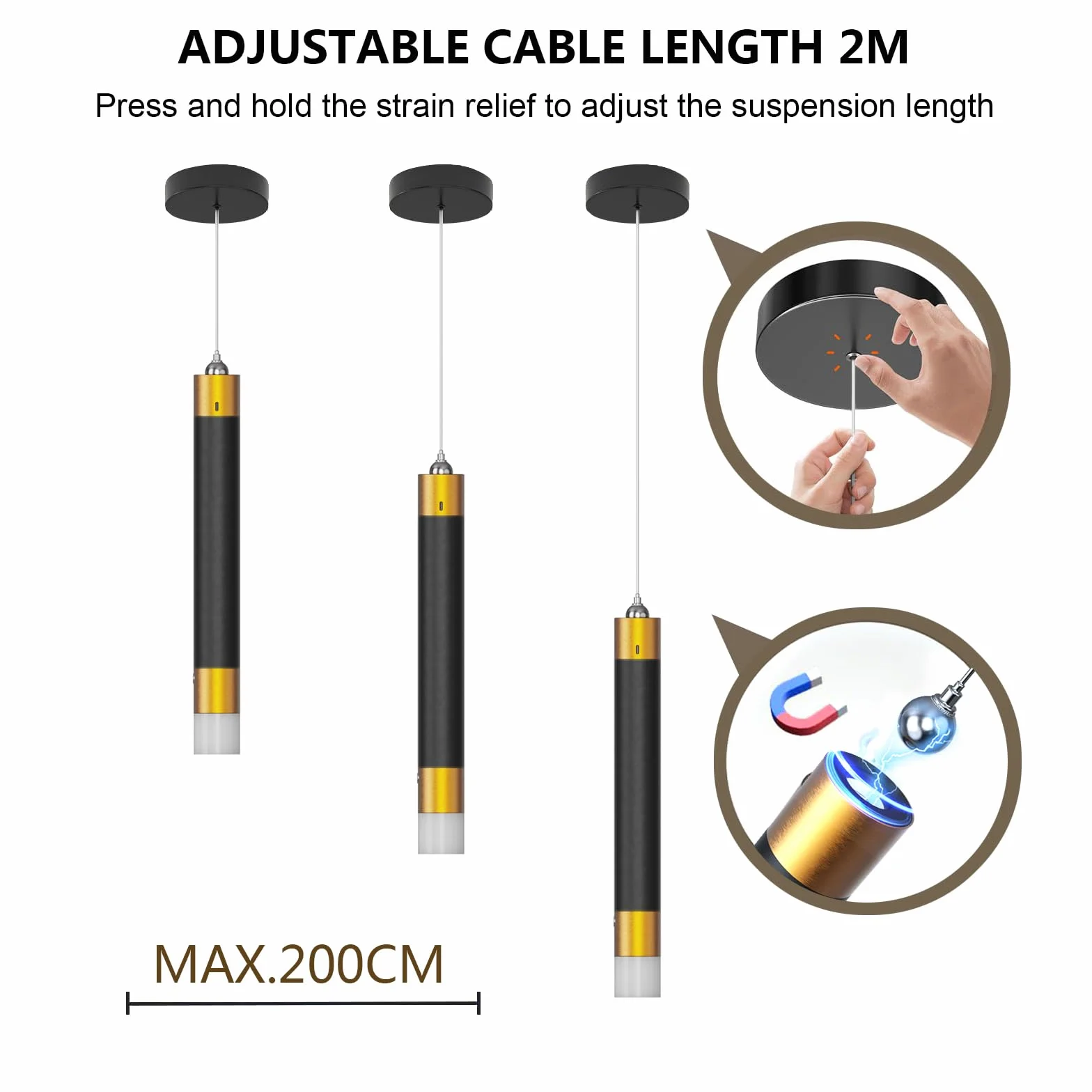 ACMHNC Bezprzewodowa lampa wisząca, lampa do sypialni, lampa wisząca LED 5 W, bateria 4500 mAh, możliwość ściemniania, regulowana wysokość 190 cm, średnica 4 x 33 cm