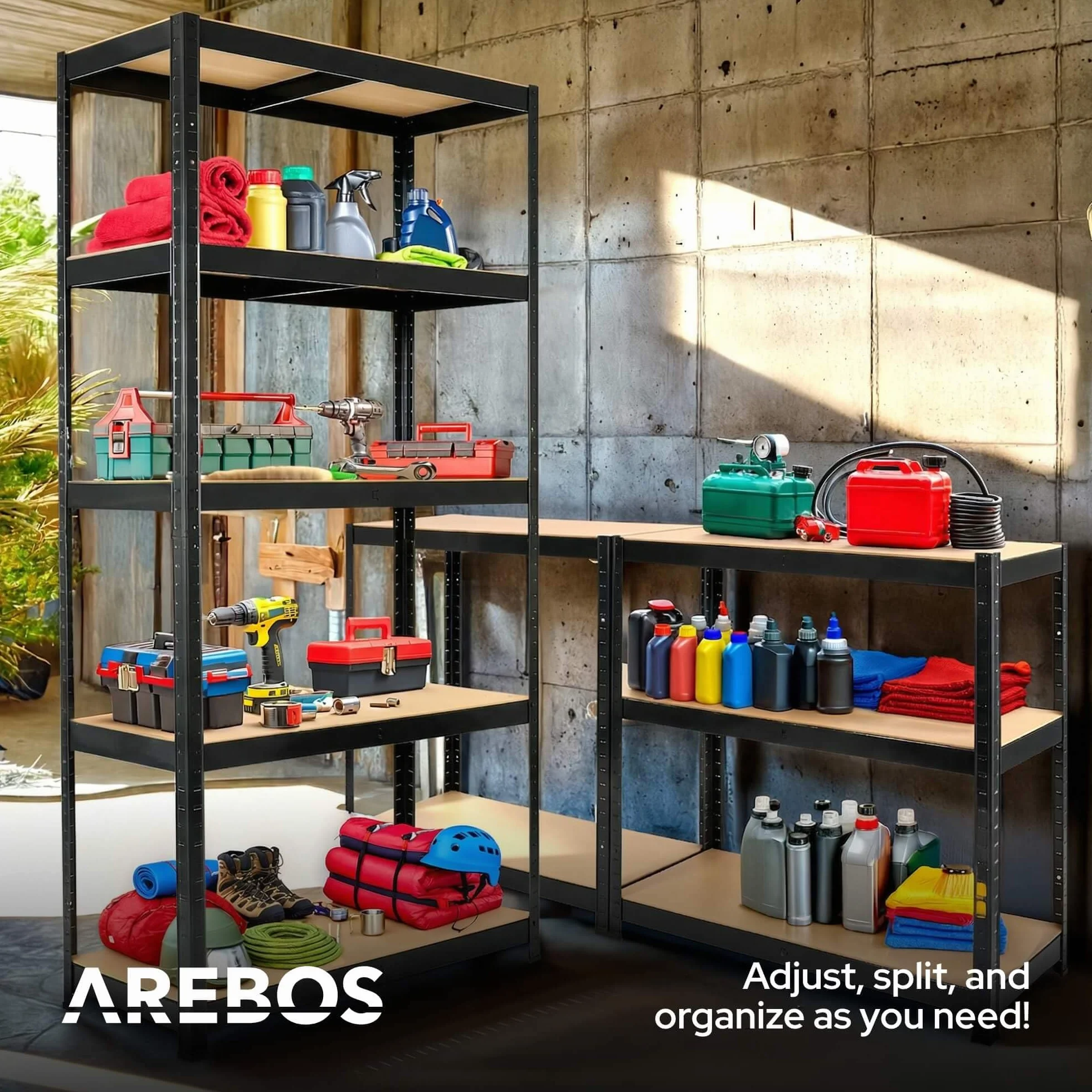 Arebos Regał do dużych obciążeń | 180 x 90 x 40 cm | nośność 875 kg | 0,63 mm | 5 płyt MDF | regał do przechowywania | regał piwny, bezśrubowy | regał warsztatowy | Czarne