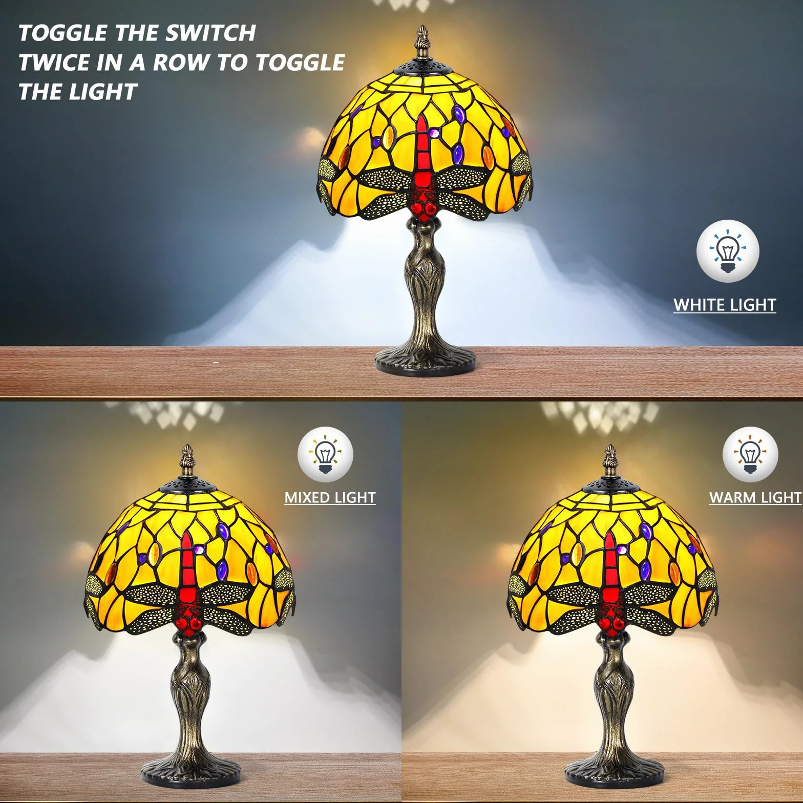 Tiffany lampa stołowa w stylu vintage, ręcznie wykonana, witrażowa, abażur, lampy stołowe, do sypialni, na stolik nocny, do gabinetu, biura (pomarańczowa libelka)