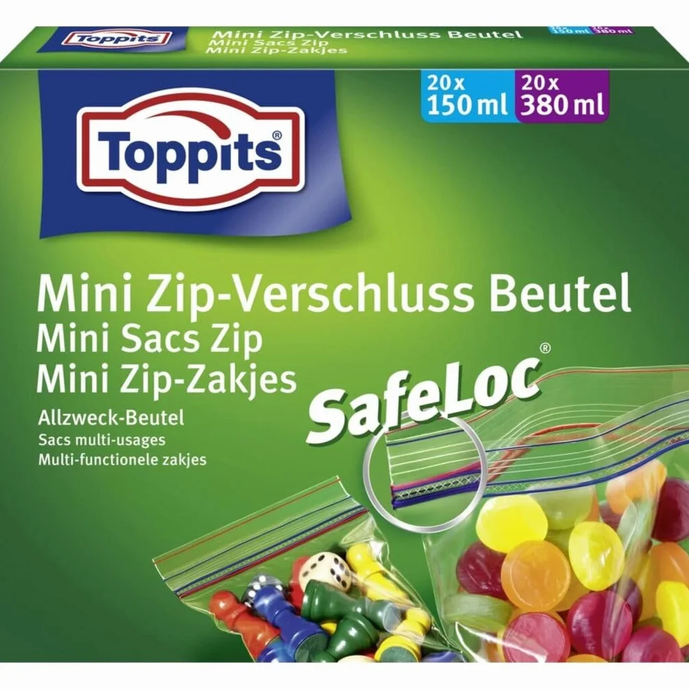 Toppits woreczek na zamek błyskawiczny, przezroczysty, 40 sztuk (20 x 150 ml / 20 x 380 ml)