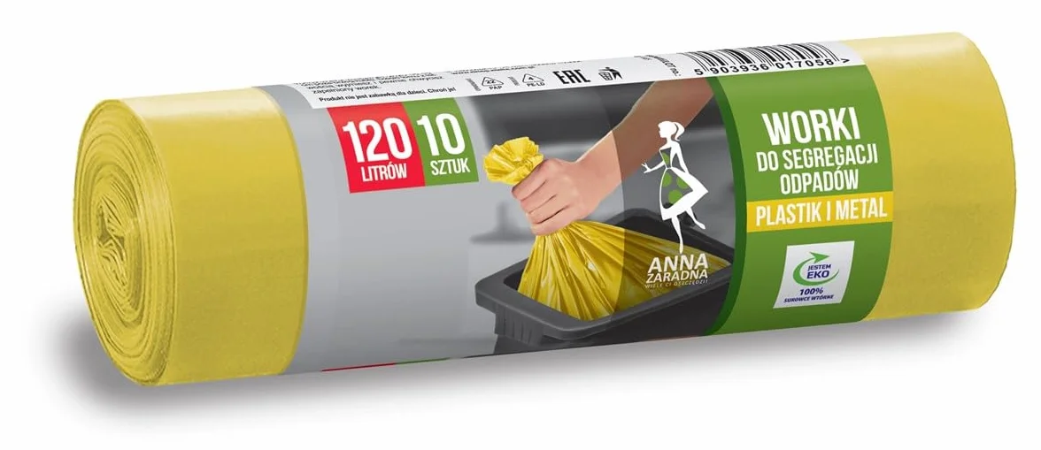 ANNA ZARADNA worki na śmieci do segregacji odpadów, metal, plastik, odporne na rozerwanie, 120 l, 10 sztuk, do domu i biura, folia pochodzącea z recyclingu surowców wtórnych, LDPE, kolor: żółty