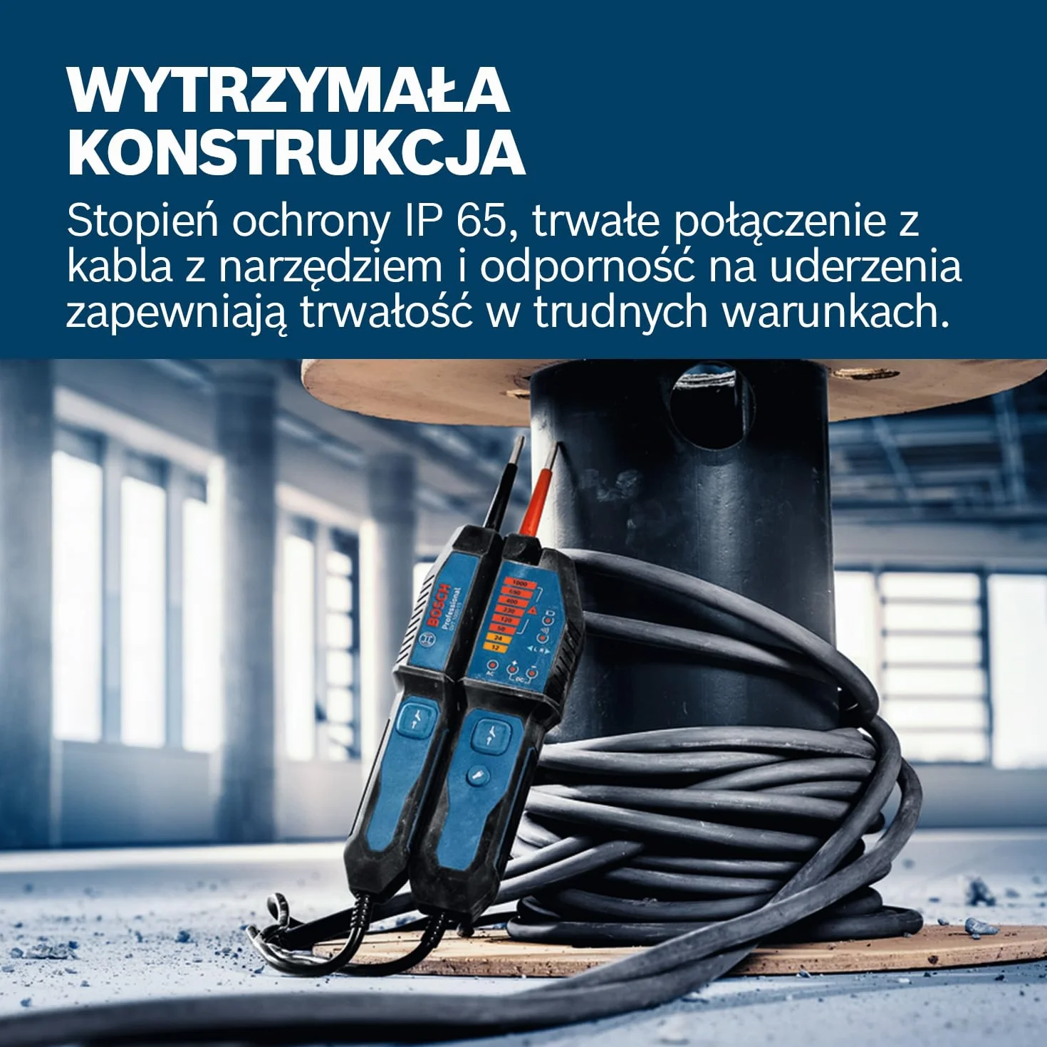 Bosch Professional Tester napięcia GVT 1000-15 (pomiarynapięcia do 1000 V AC/DC, wizualna informacja zwrotna LED, brzęczyk, alarmy wibracyjne, przewody o długości 125 cm, 2x1,5 V LR03 (AA))